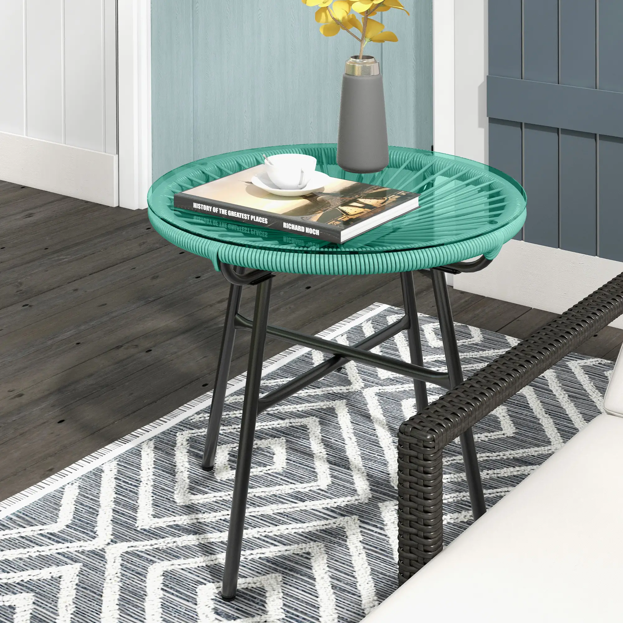Round Outdoor Rattan Side Table, Tempered Glass Top, Light Green - Image 2