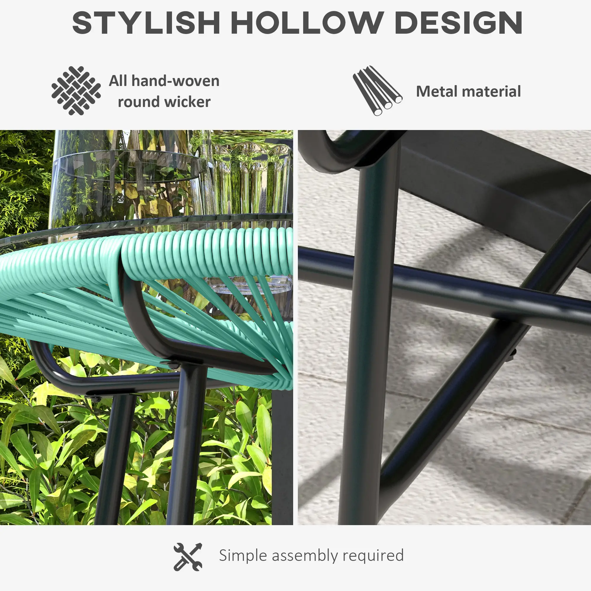 Round Outdoor Rattan Side Table, Tempered Glass Top, Light Green - Image 5
