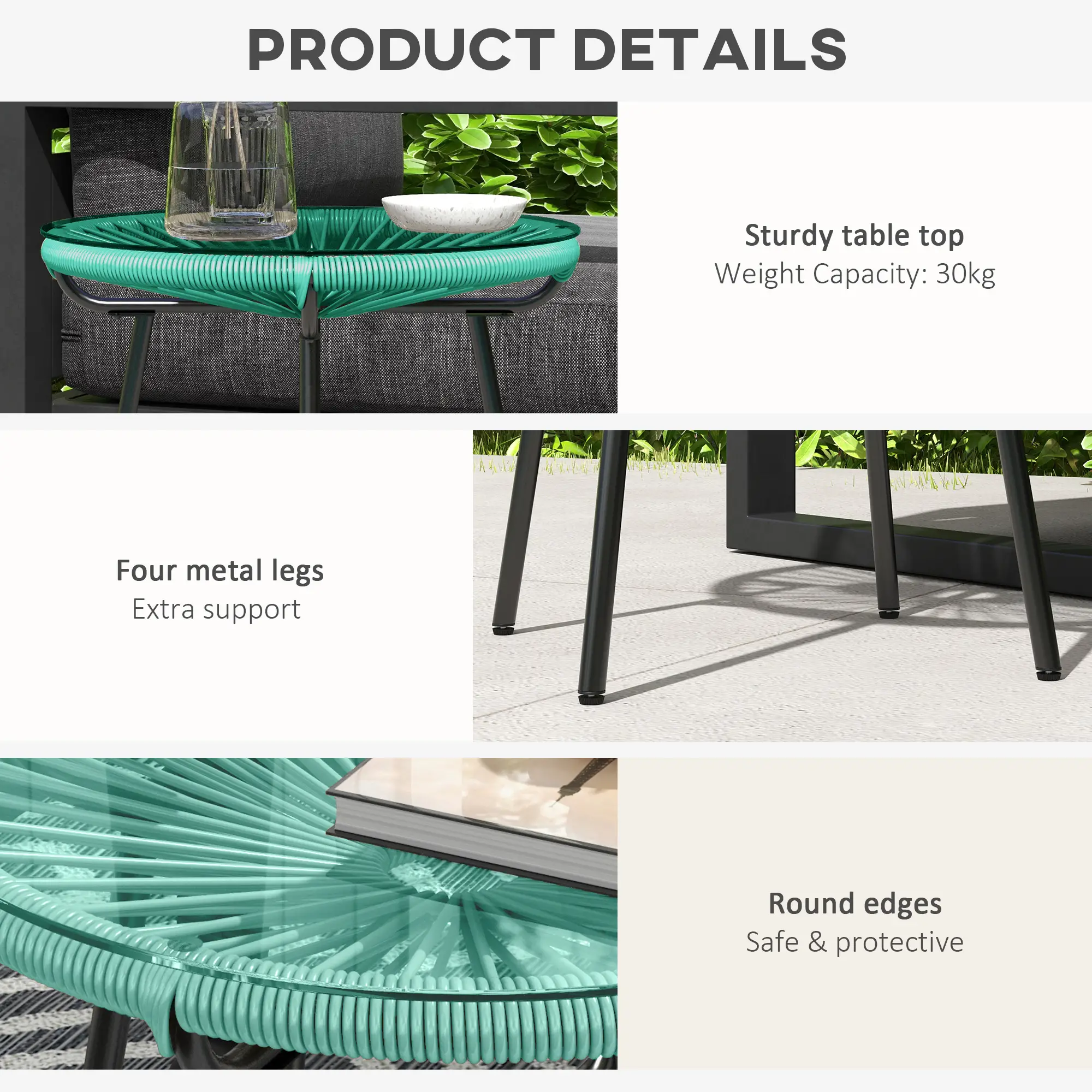 Round Outdoor Rattan Side Table, Tempered Glass Top, Light Green - Image 6