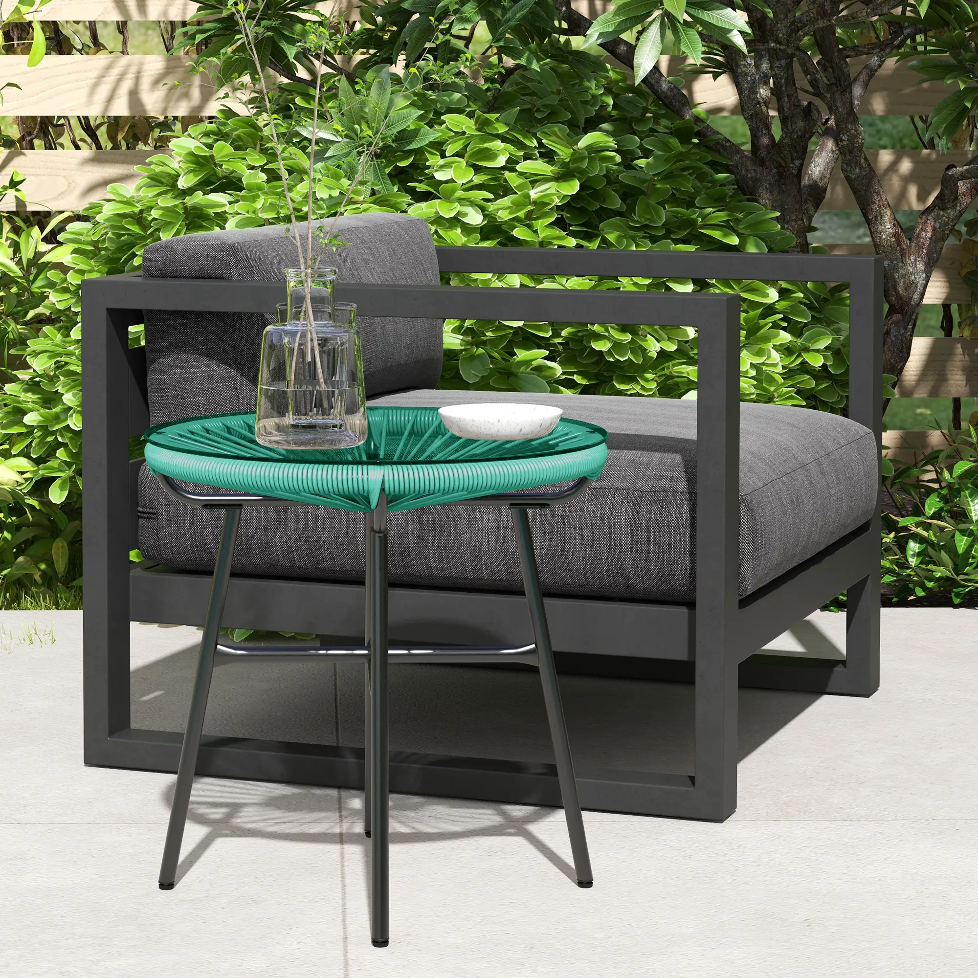 Round Outdoor Rattan Side Table, Tempered Glass Top, Light Green - Image 8