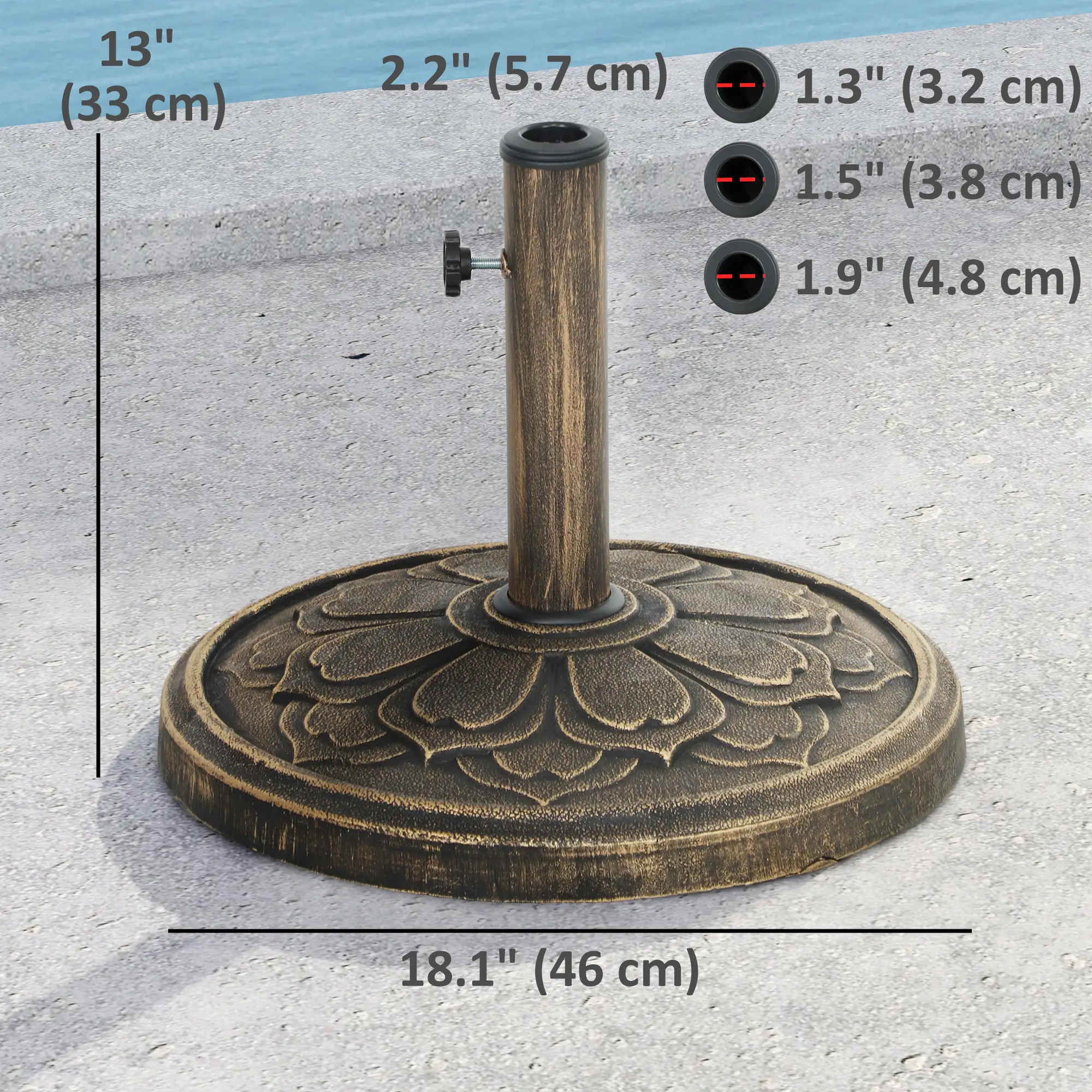 Round Patio Umbrella Base, 26 lbs Resin Stand, Fits 1.3"/1.5"/1.9" Poles, Bronze - Image 3