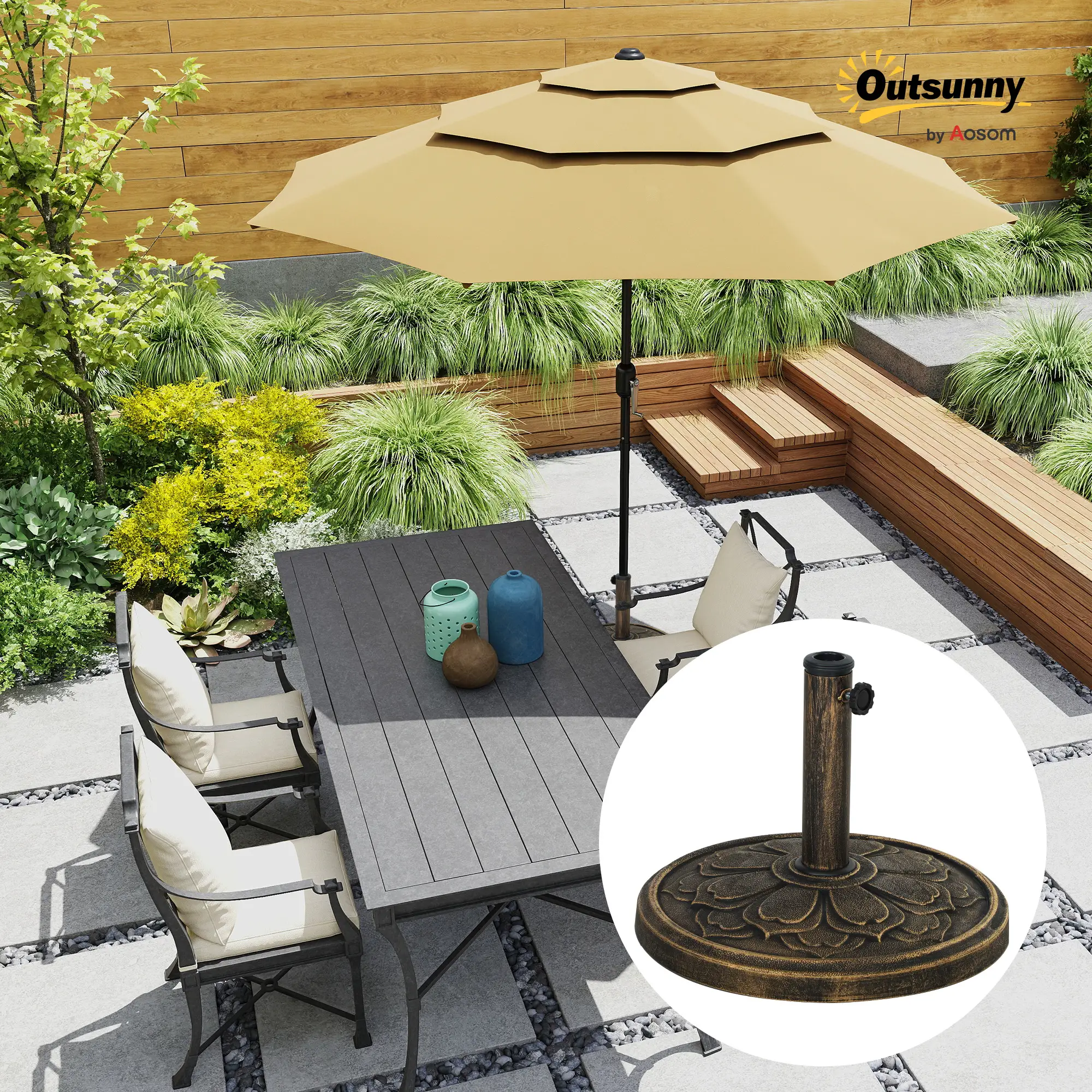 Round Patio Umbrella Base, 26 lbs Resin Stand, Fits 1.3"/1.5"/1.9" Poles, Bronze - Image 8