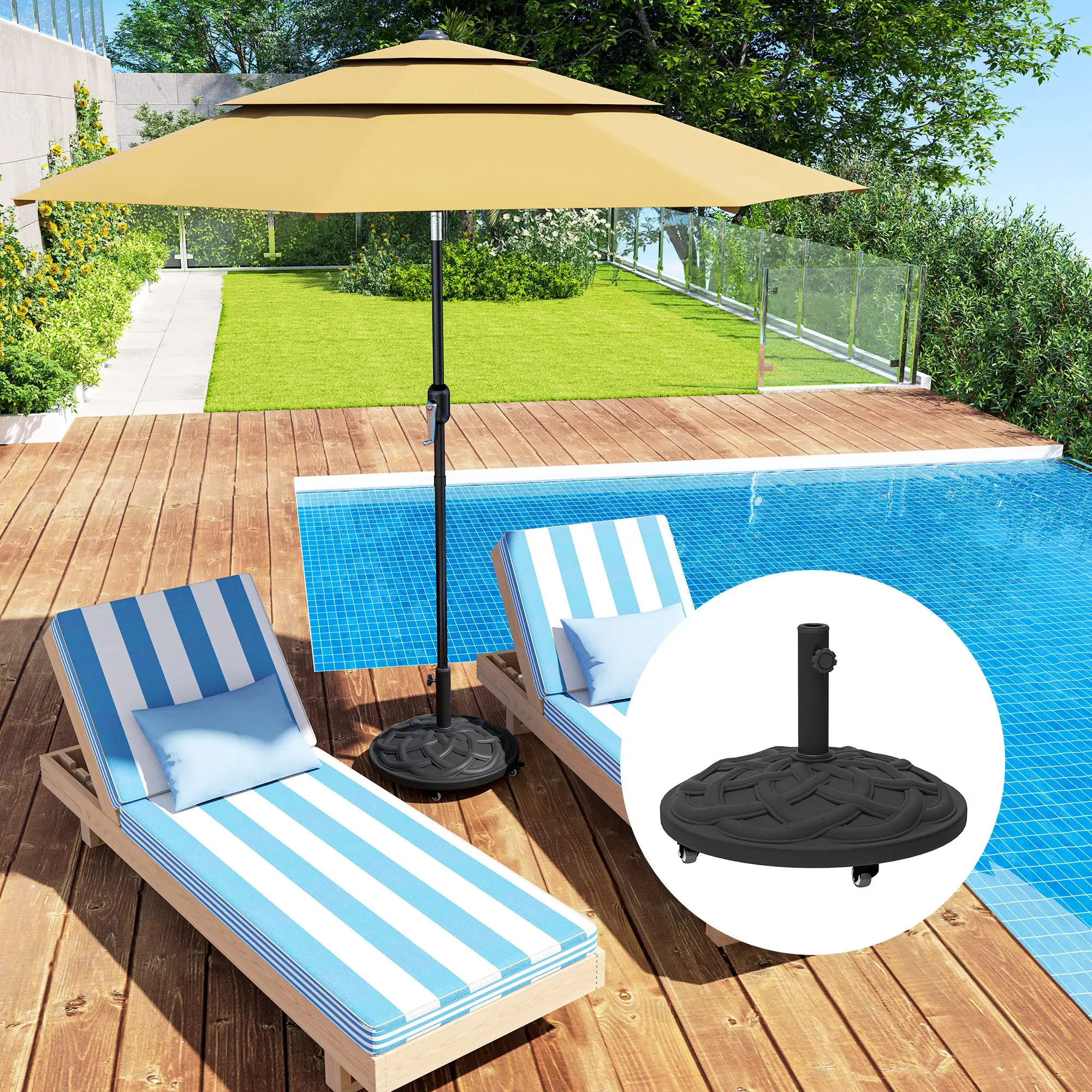 Round Patio Umbrella Base With Wheels, 44 Lbs Resin Stand, 1.3"/1.5"/1.9" Poles, Black - Image 10