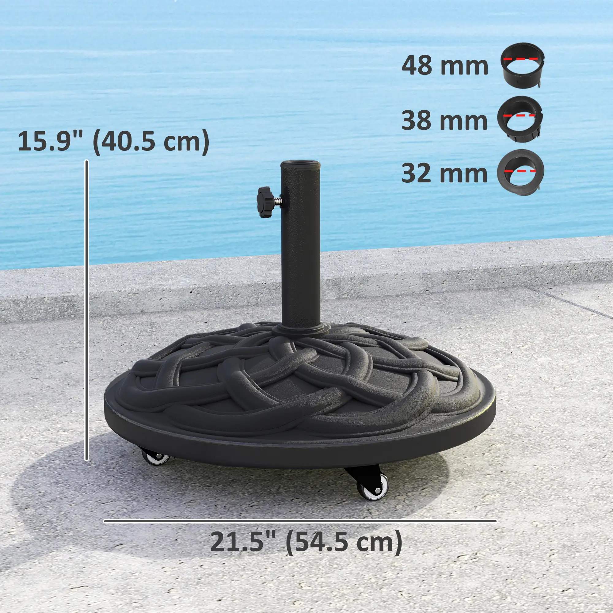 Round Patio Umbrella Base With Wheels, 44 Lbs Resin Stand, 1.3"/1.5"/1.9" Poles, Black - Image 3
