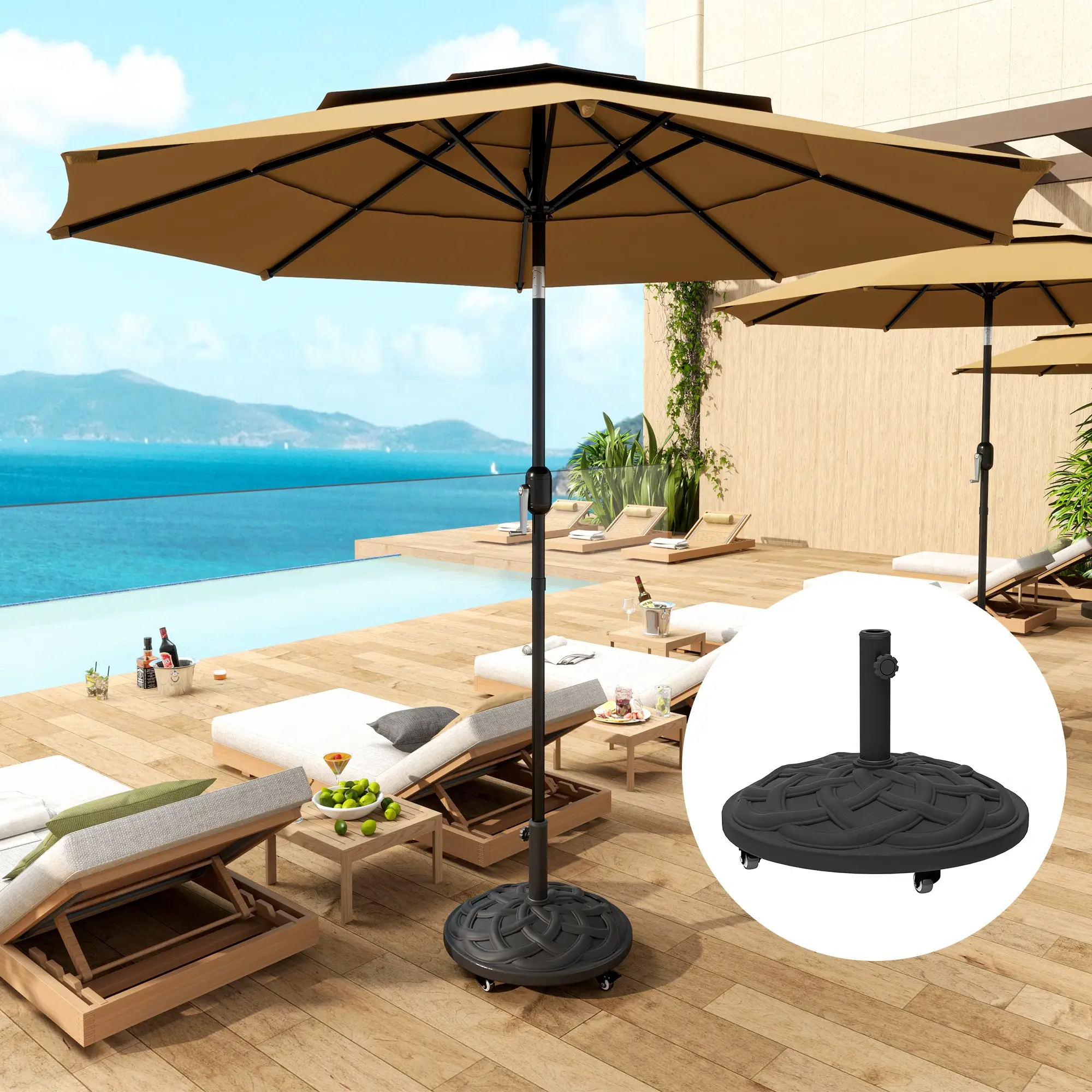 Round Patio Umbrella Base With Wheels, 44 Lbs Resin Stand, 1.3"/1.5"/1.9" Poles, Black - Image 8