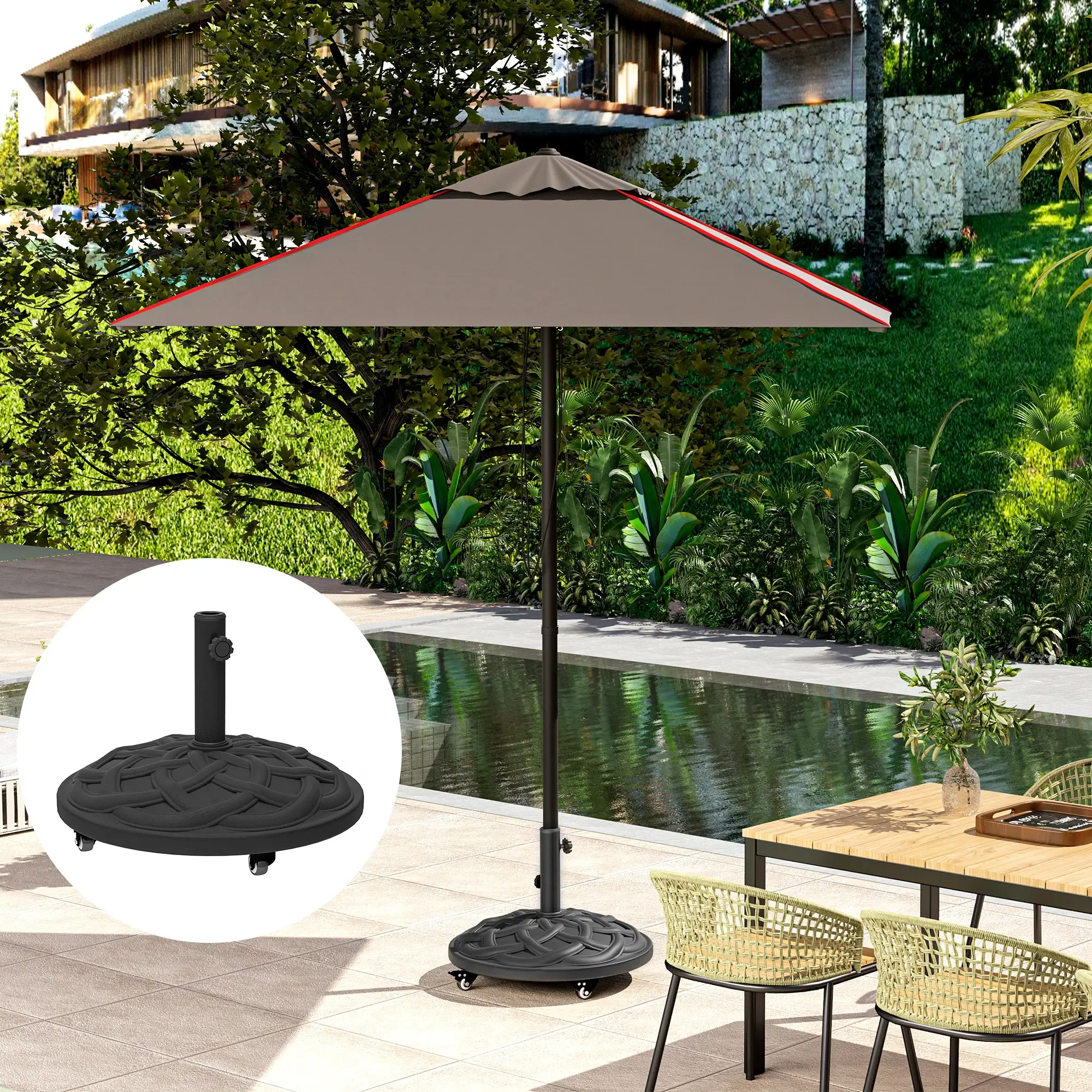 Round Patio Umbrella Base With Wheels, 44 Lbs Resin Stand, 1.3"/1.5"/1.9" Poles, Black - Image 9
