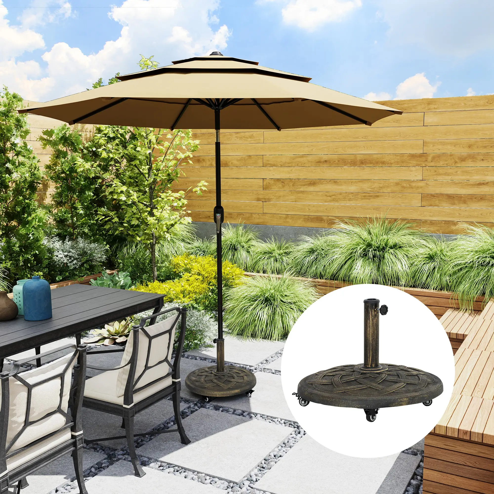 Round Patio Umbrella Base With Wheels, 44 Lbs Resin Stand, 1.3"/1.5"/1.9" Poles, Bronze - Image 2