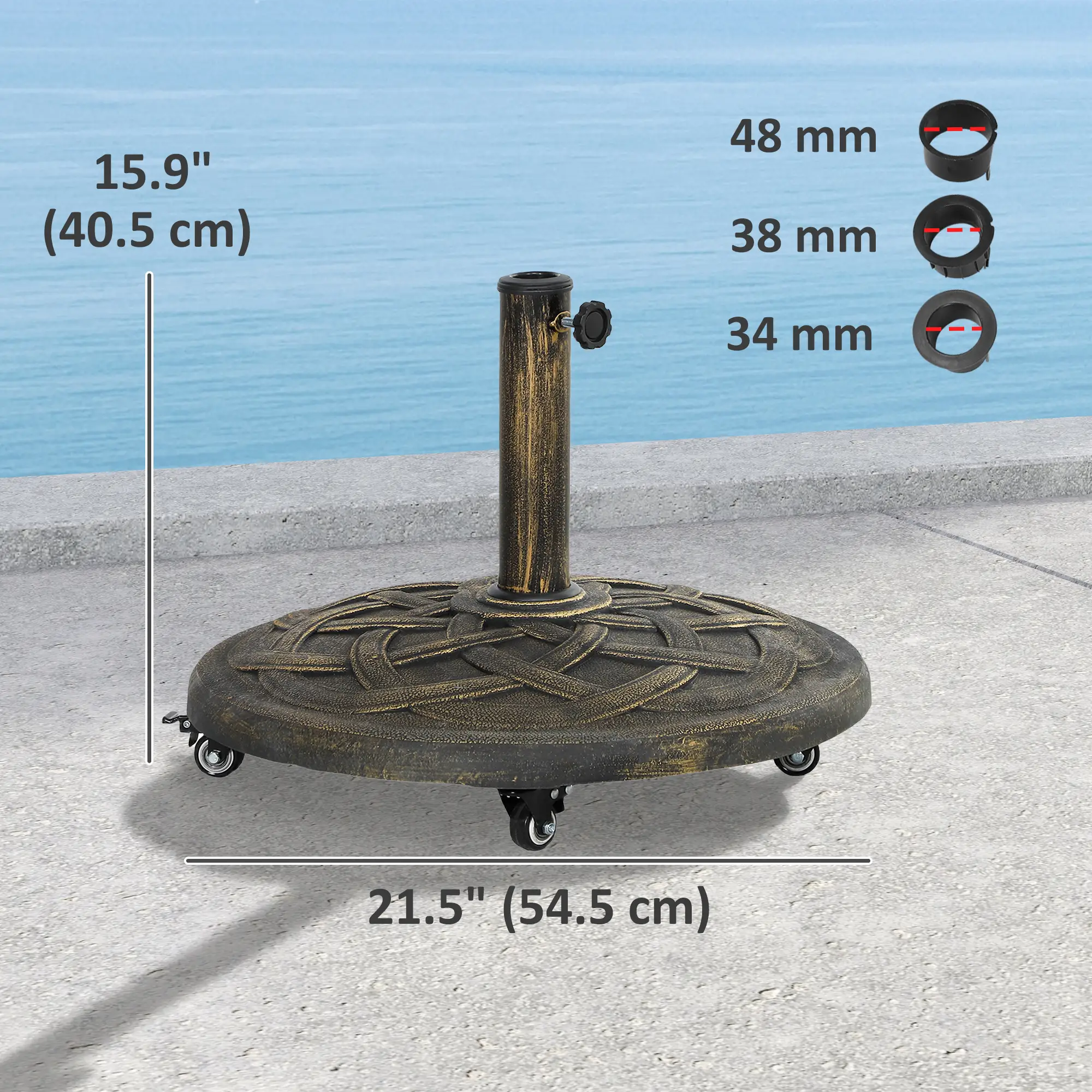 Round Patio Umbrella Base With Wheels, 44 Lbs Resin Stand, 1.3"/1.5"/1.9" Poles, Bronze - Image 3