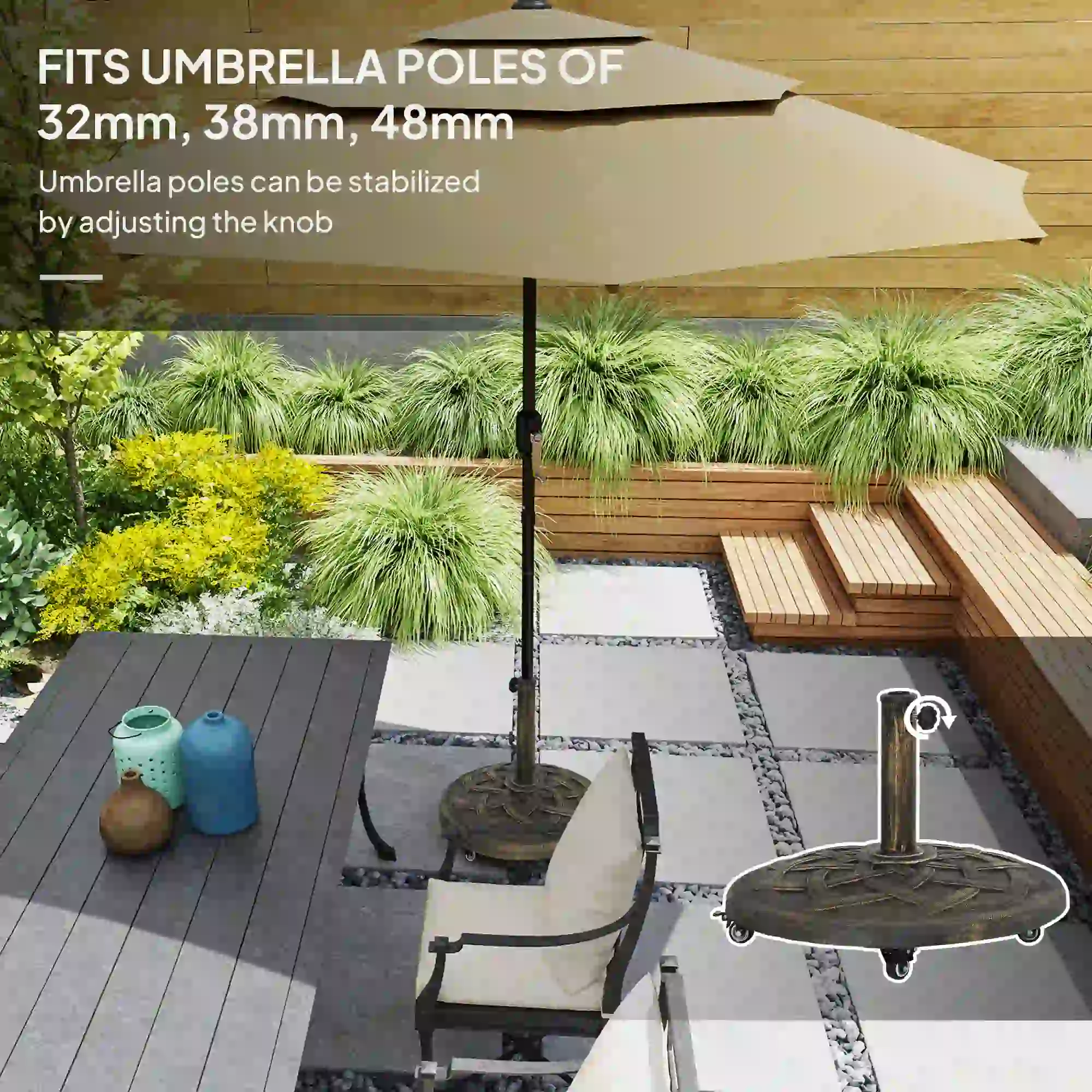 Round Patio Umbrella Base With Wheels, 44 Lbs Resin Stand, 1.3"/1.5"/1.9" Poles, Bronze - Image 4