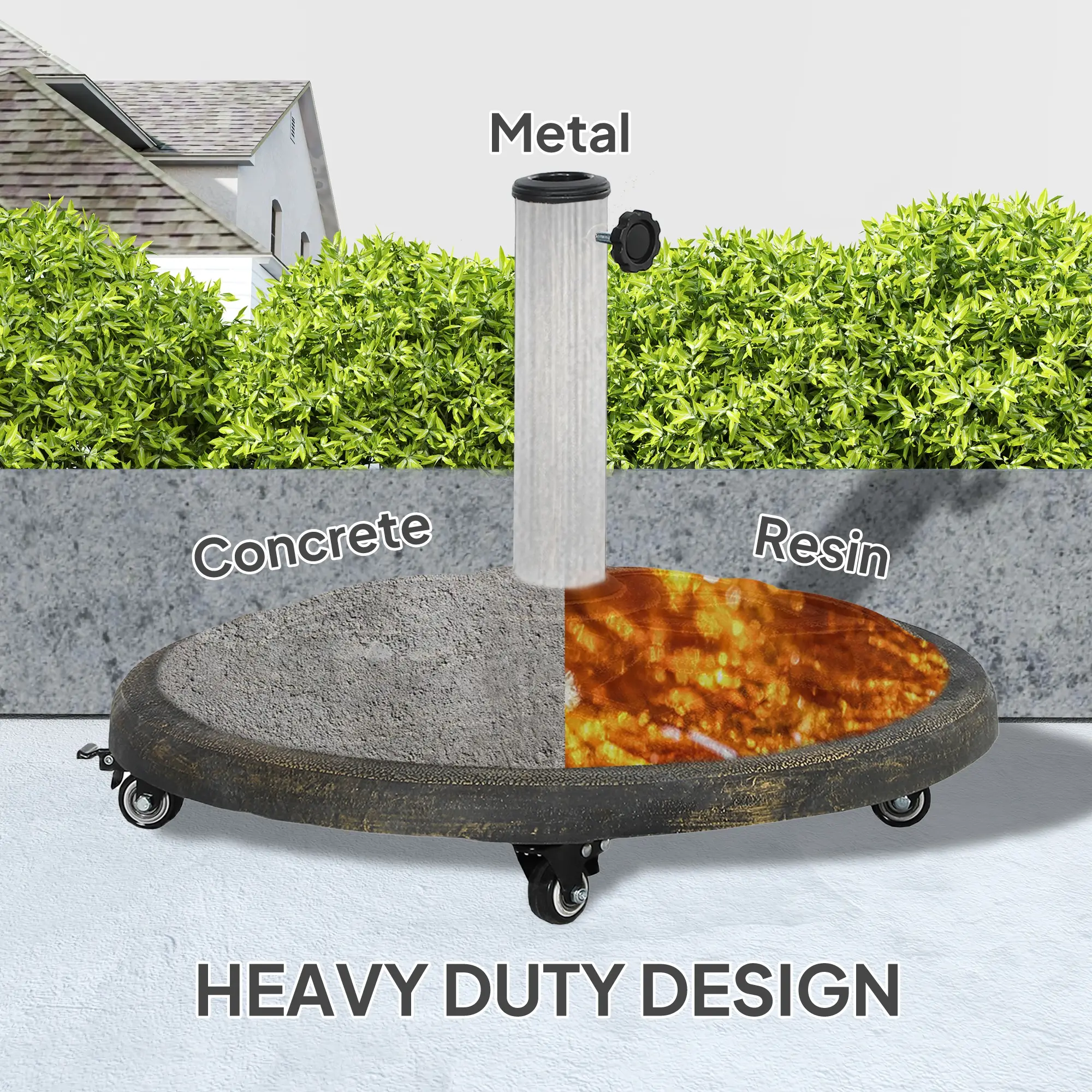 Round Patio Umbrella Base With Wheels, 44 Lbs Resin Stand, 1.3"/1.5"/1.9" Poles, Bronze - Image 5