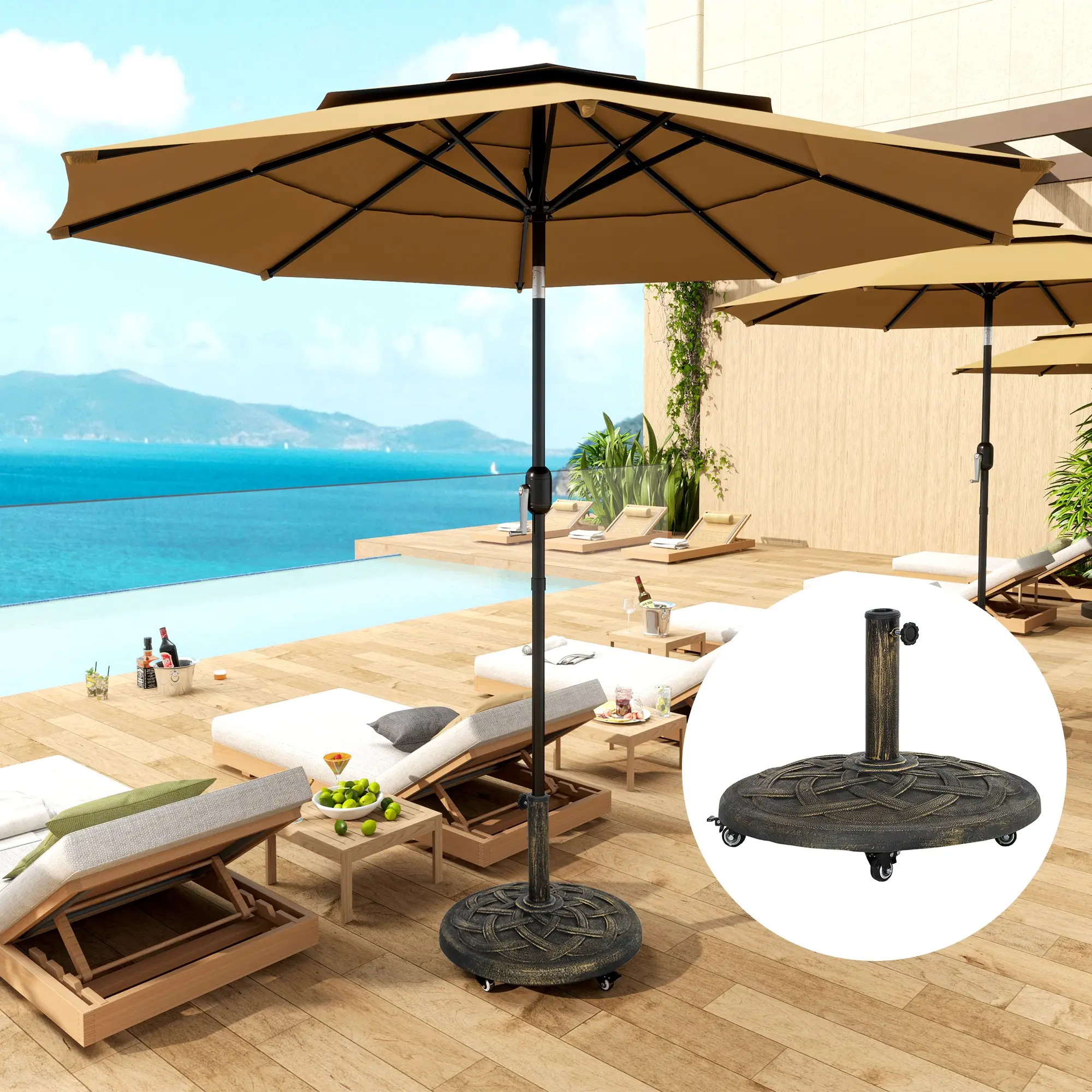 Round Patio Umbrella Base With Wheels, 44 Lbs Resin Stand, 1.3"/1.5"/1.9" Poles, Bronze - Image 8