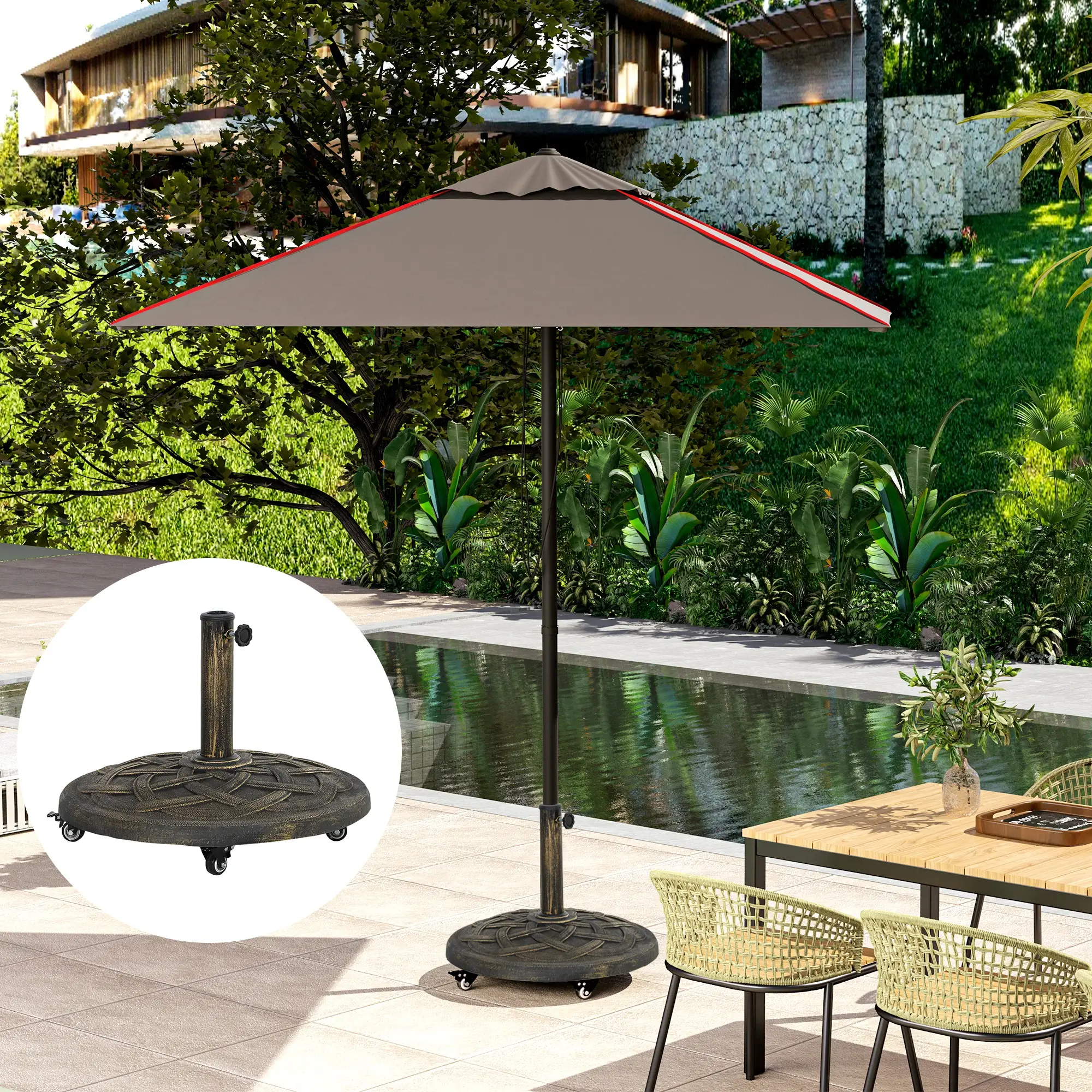Round Patio Umbrella Base With Wheels, 44 Lbs Resin Stand, 1.3"/1.5"/1.9" Poles, Bronze - Image 9