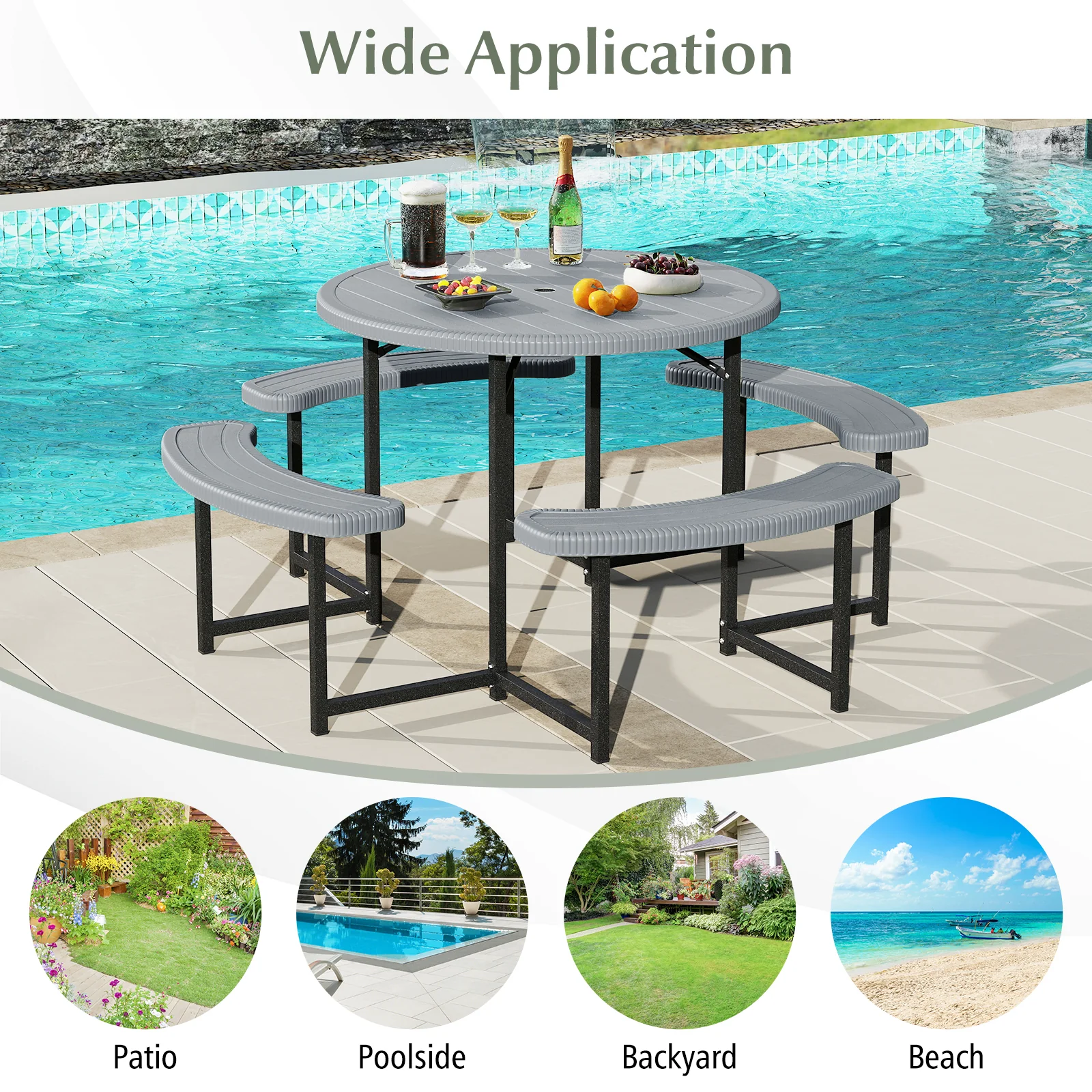 Round Picnic Table Bench Set, 4 Benches, Umbrella Hole, Gray - Image 10