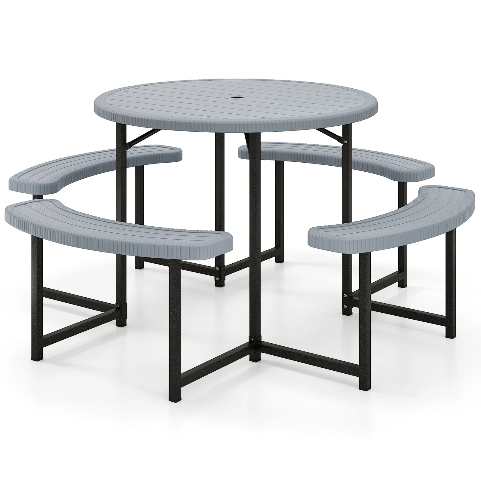 Round Picnic Table Bench Set, 4 Benches, Umbrella Hole, Gray - Image 5