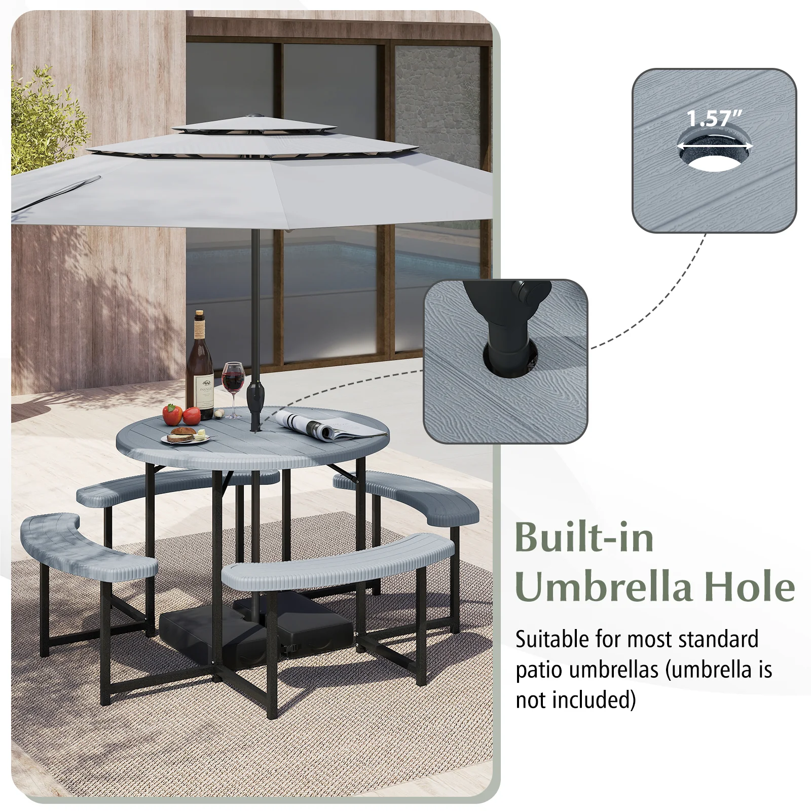 Round Picnic Table Bench Set, 4 Benches, Umbrella Hole, Gray - Image 7