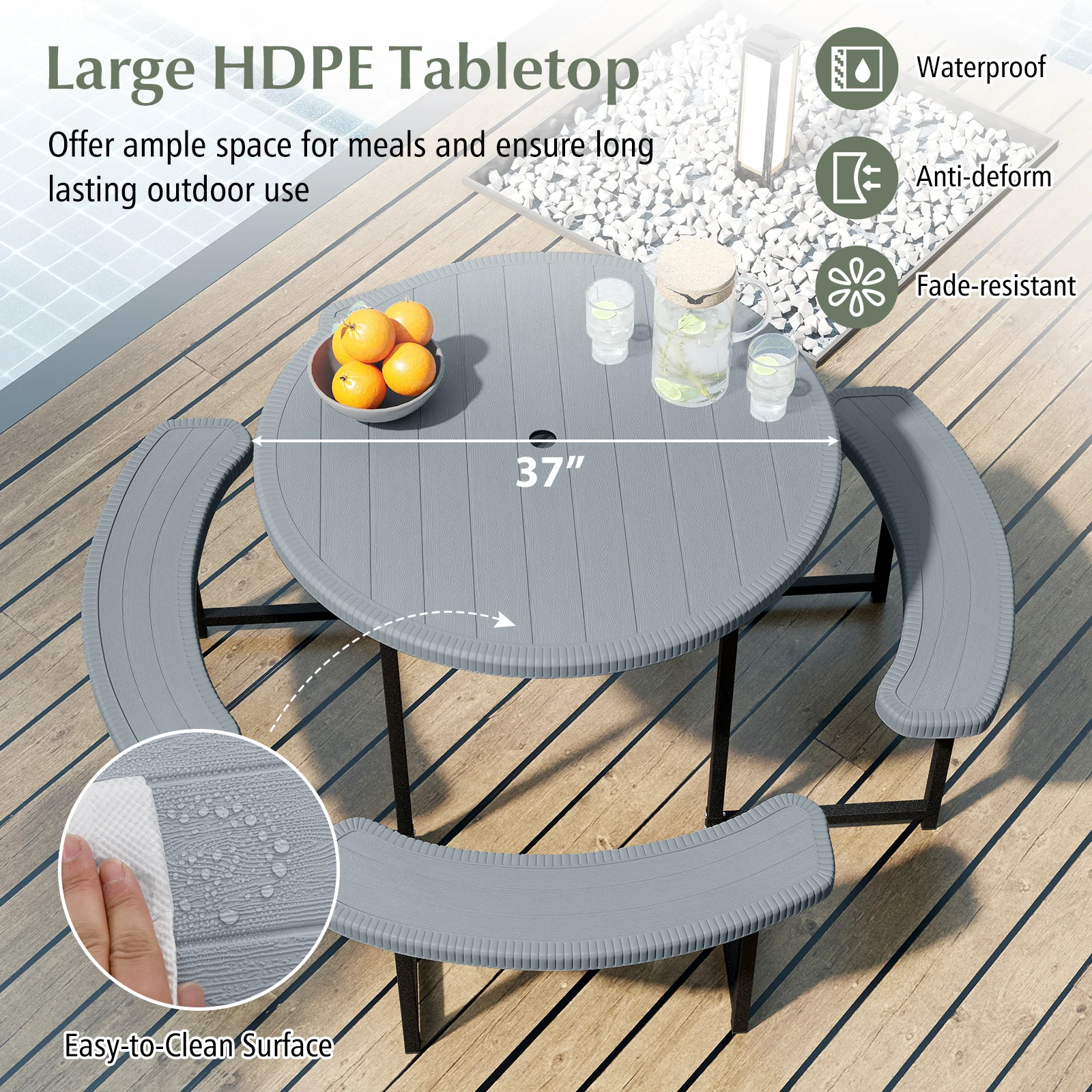 Round Picnic Table Bench Set, 4 Benches, Umbrella Hole, Gray - Image 8