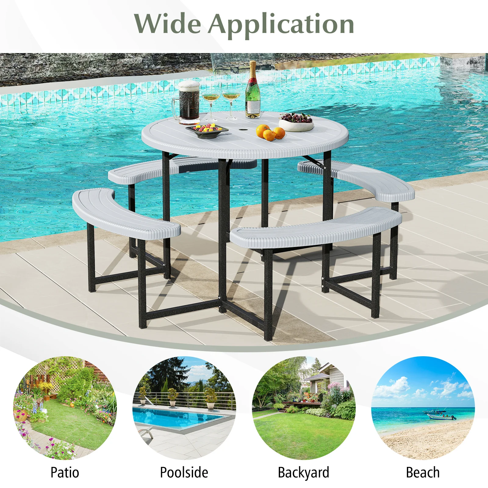 Round Picnic Table Bench Set With Umbrella Hole, White - Image 10