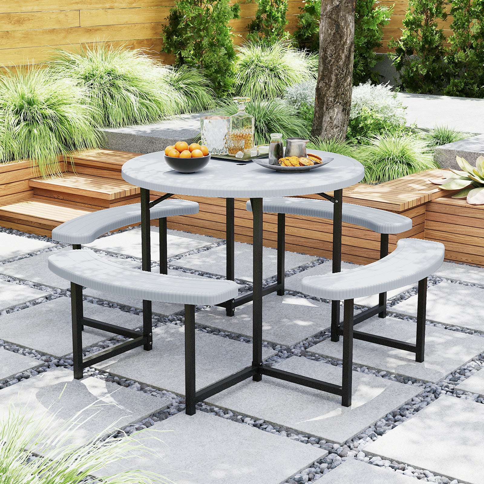 Round Picnic Table Bench Set With Umbrella Hole, White - Image 2