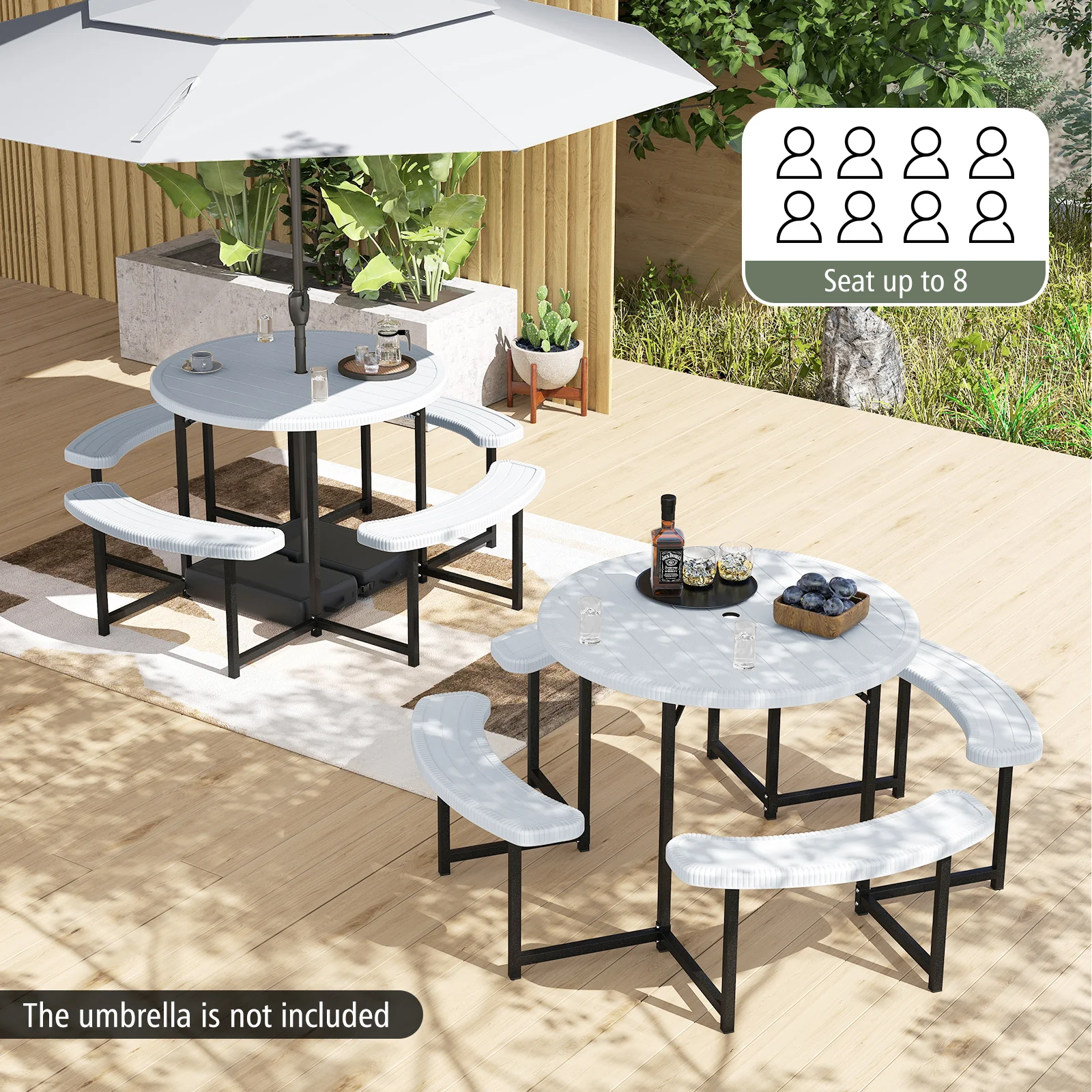 Round Picnic Table Bench Set With Umbrella Hole, White - Image 3