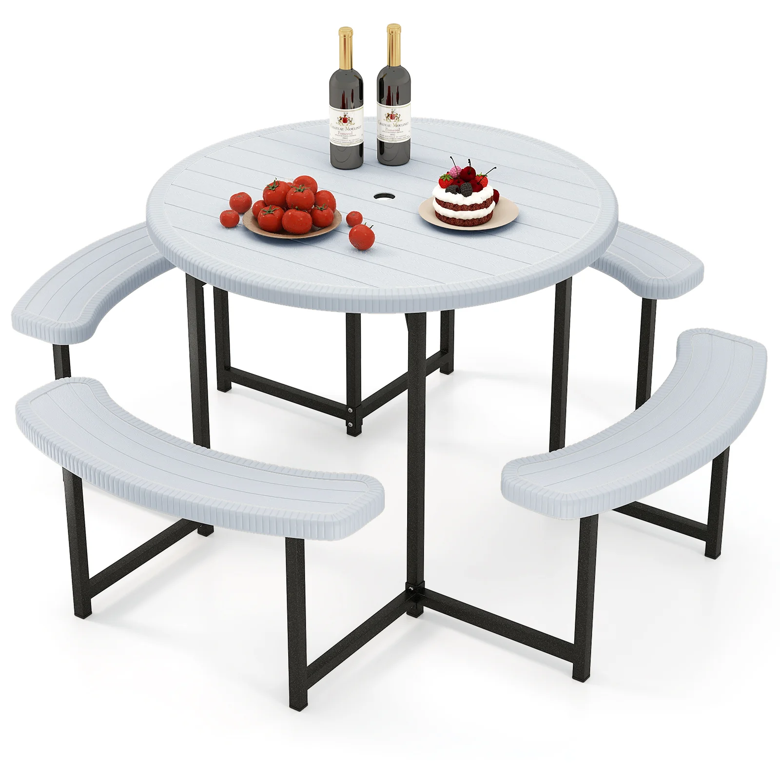 Round Picnic Table Bench Set With Umbrella Hole, White - Image 4