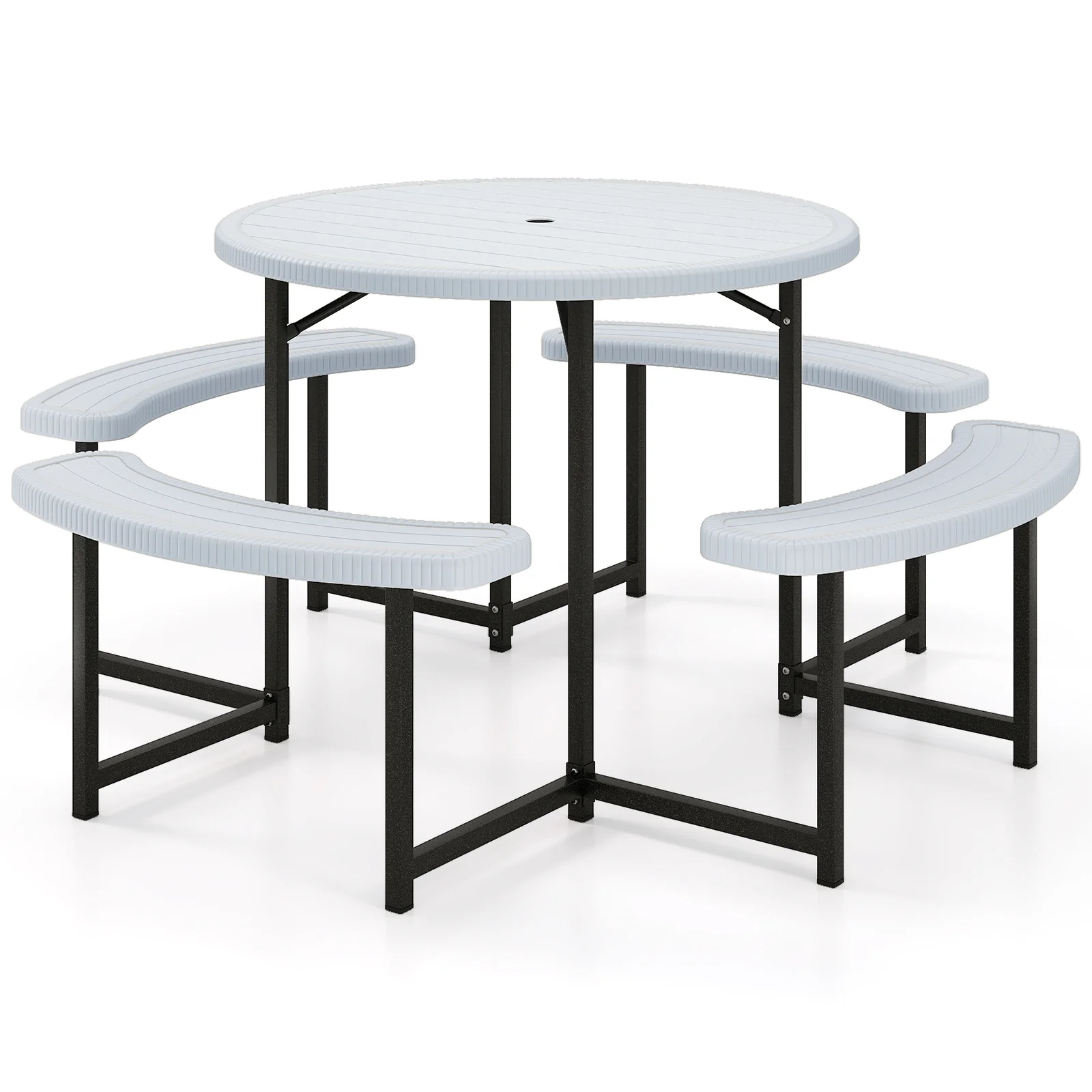 Round Picnic Table Bench Set With Umbrella Hole, White - Image 5