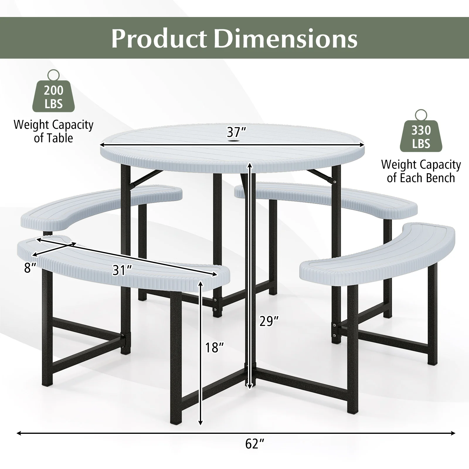 Round Picnic Table Bench Set With Umbrella Hole, White - Image 6