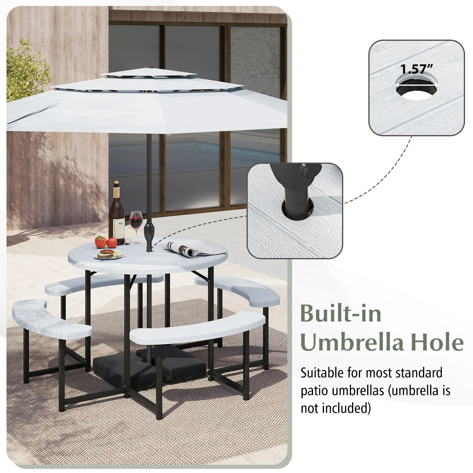 Round Picnic Table Bench Set With Umbrella Hole, White - Image 7