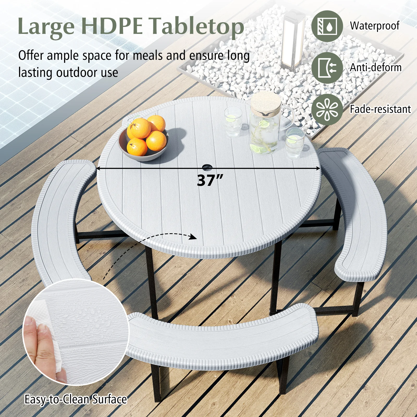 Round Picnic Table Bench Set With Umbrella Hole, White - Image 8