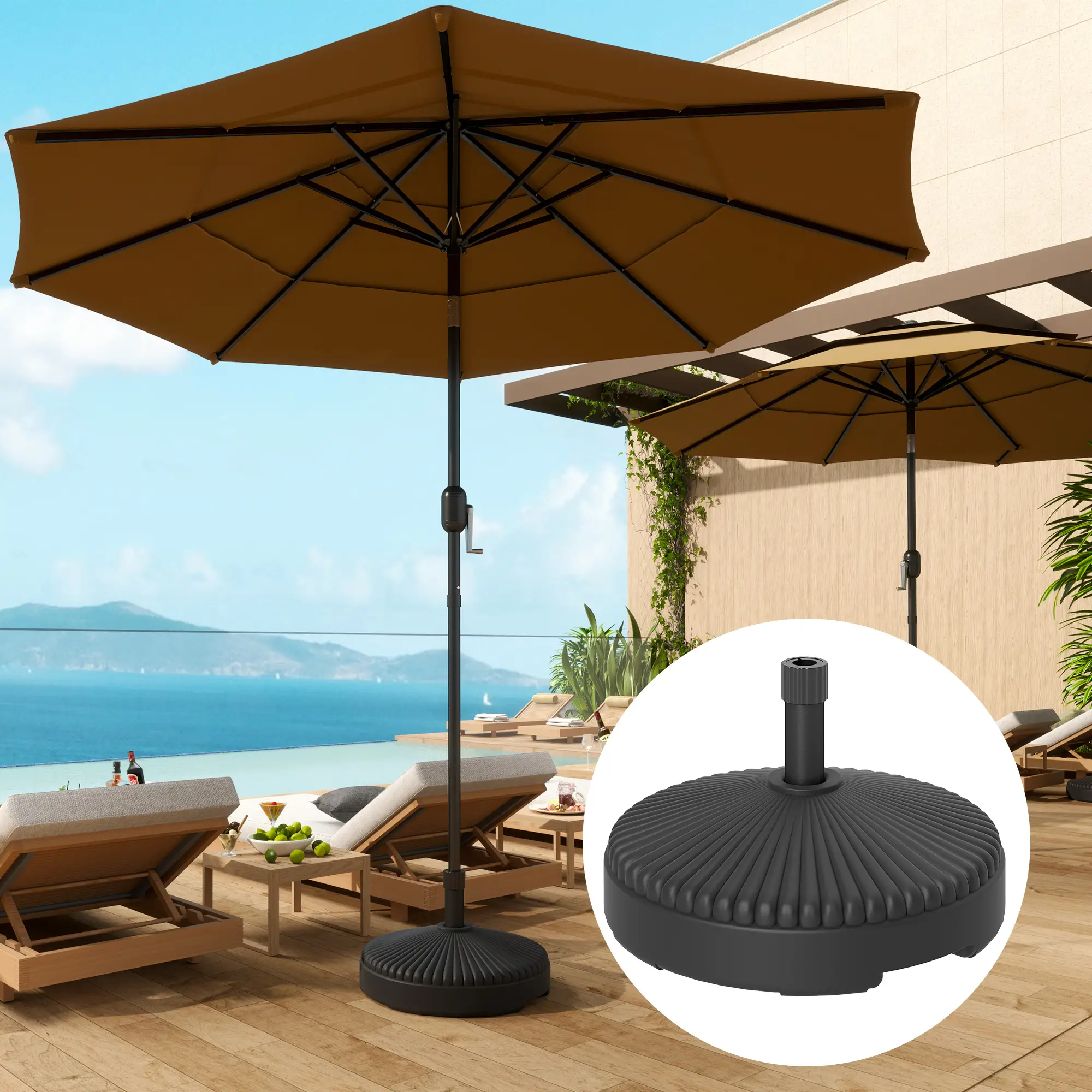 Round Plastic Patio Umbrella Base, 62lbs Sand or 51lbs Water, Black - Image 2