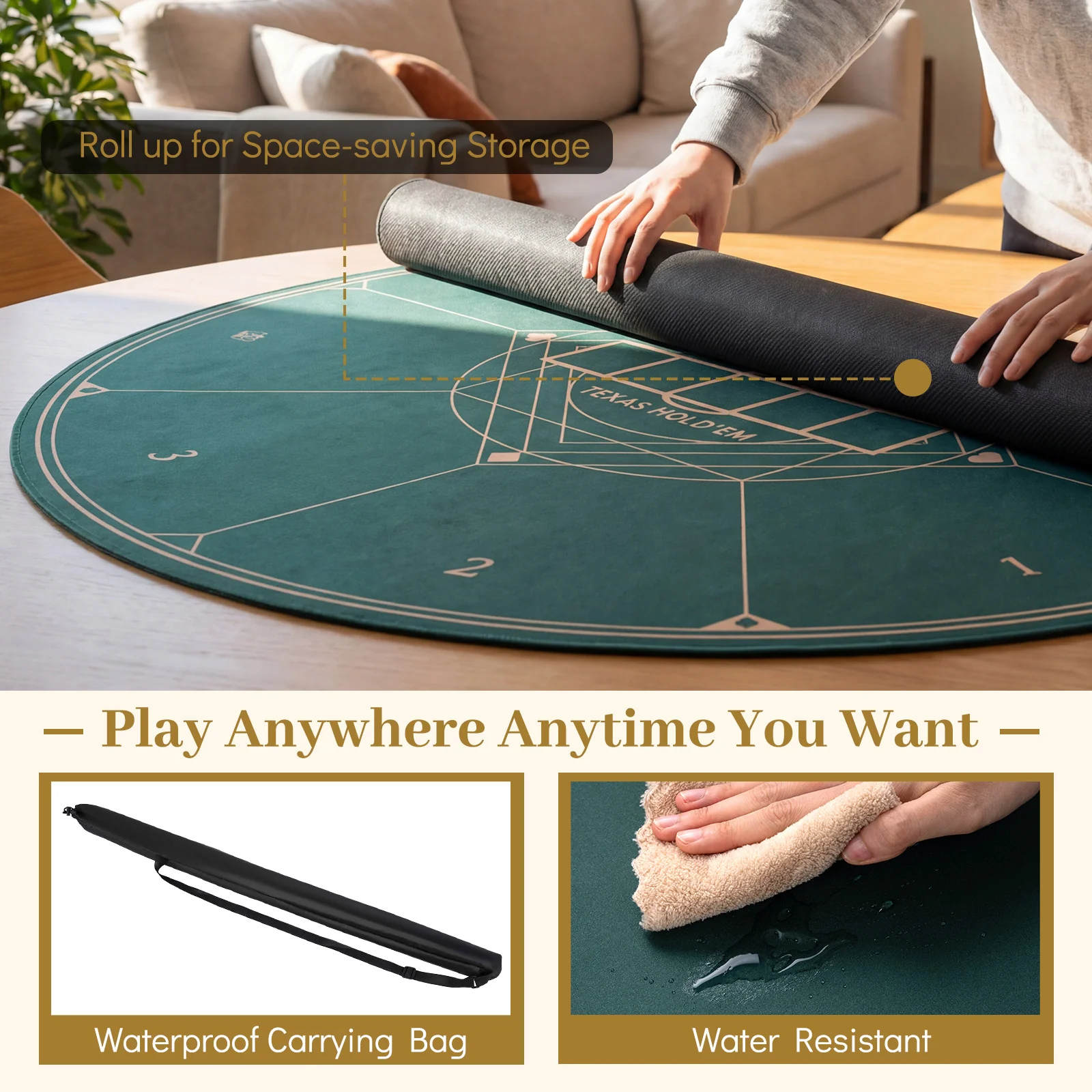 Round Poker Mat, 47", With Carrying Bag For 8 Players, Green - Image 9