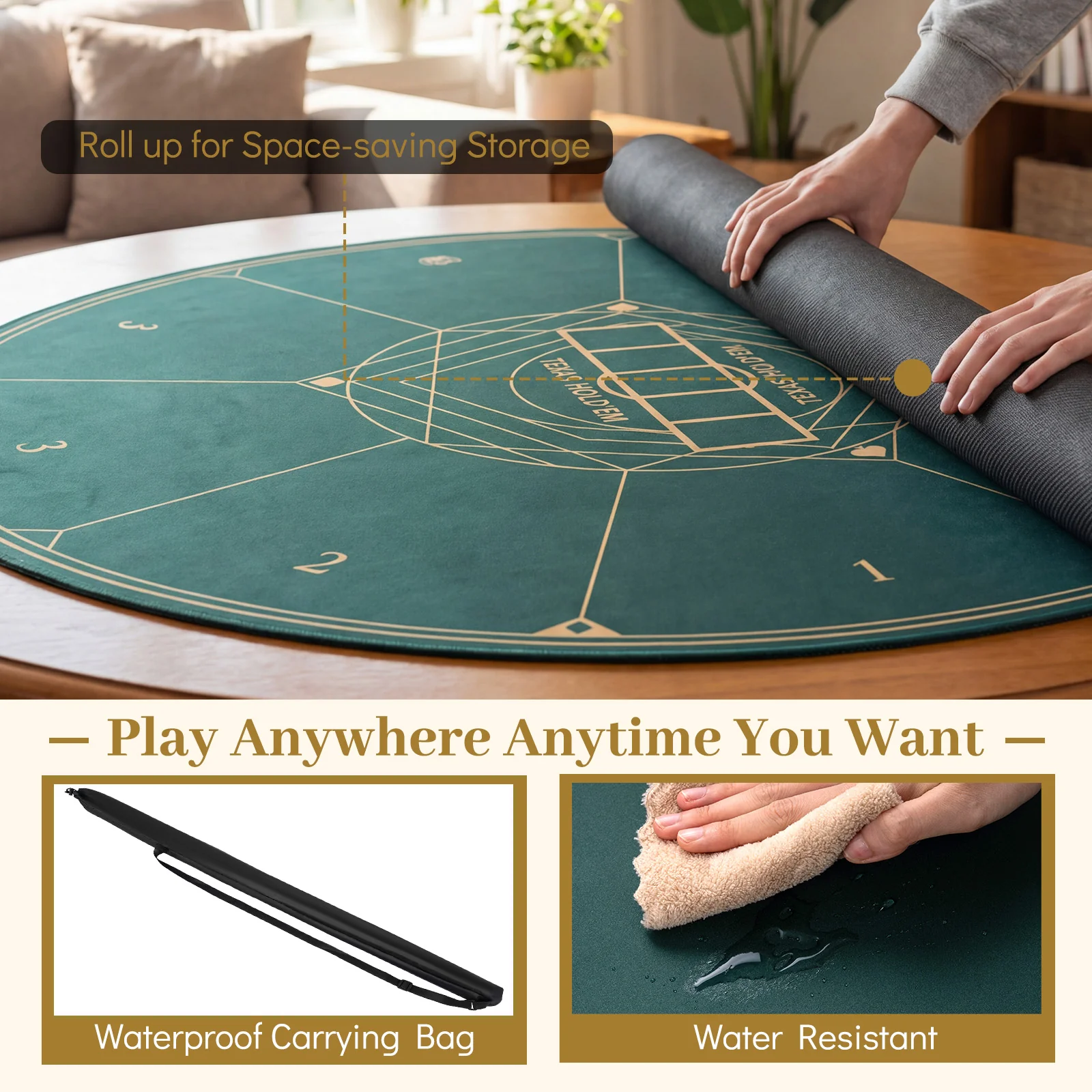 Round Poker Mat, 55 Inch, Portable Foldable Anti-Slip, Green - Image 9
