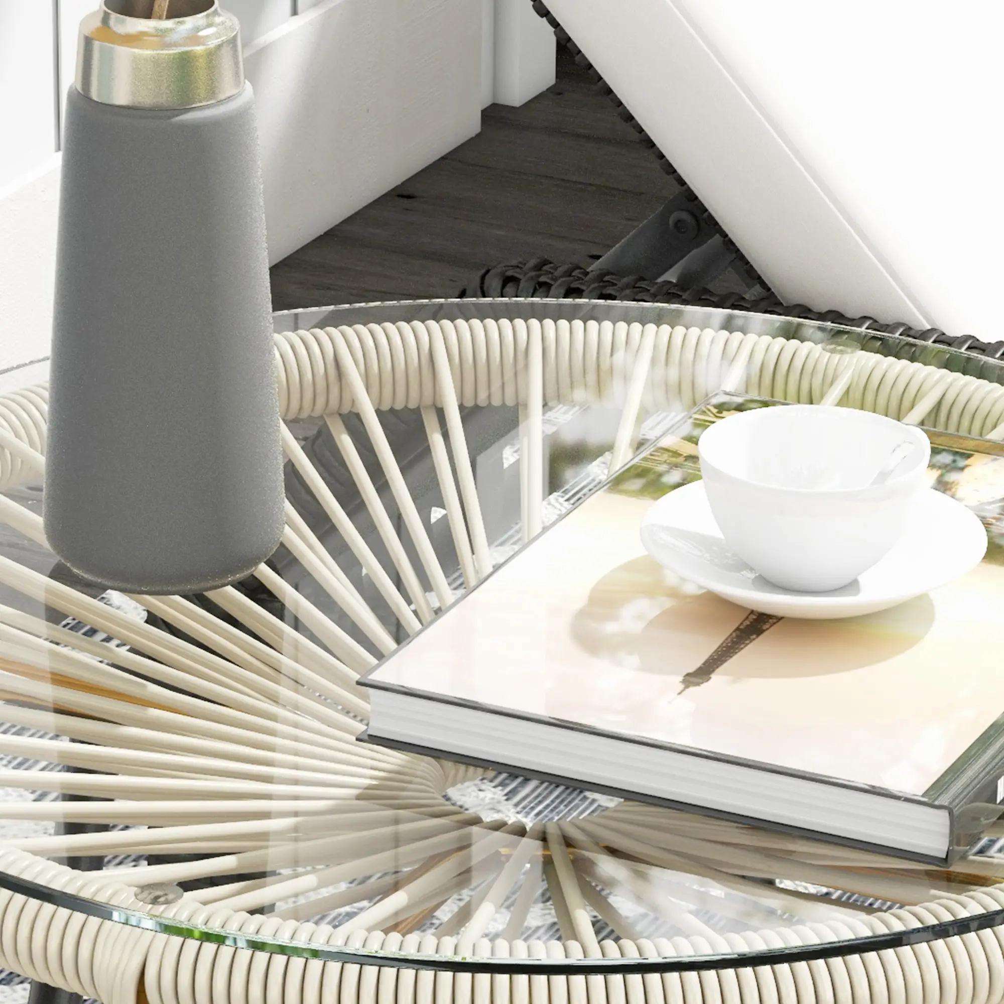 Round Rattan Side Table, With Tempered Glass Top, Cream White - Image 10