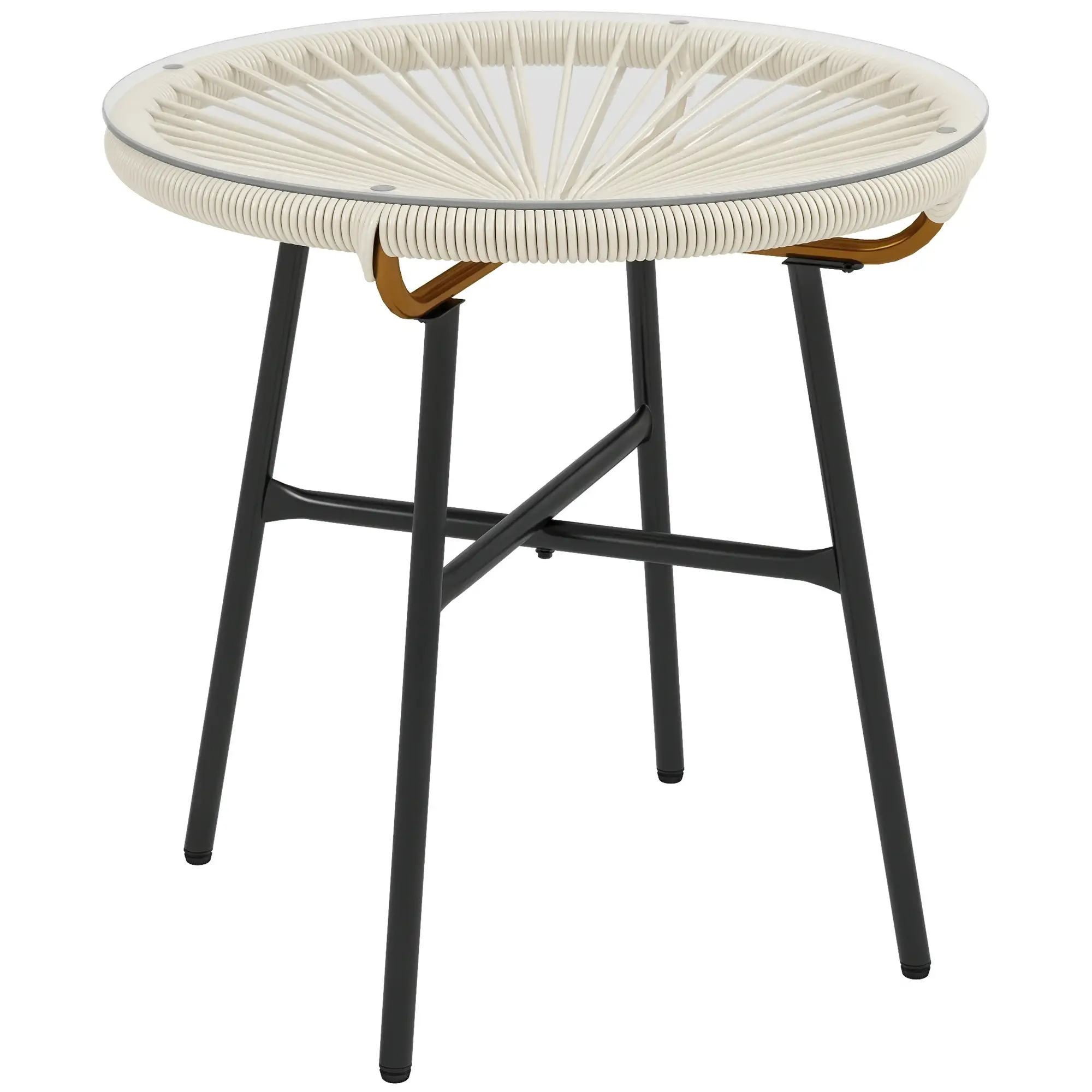 Round Rattan Side Table, With Tempered Glass Top, Cream White - Image 11