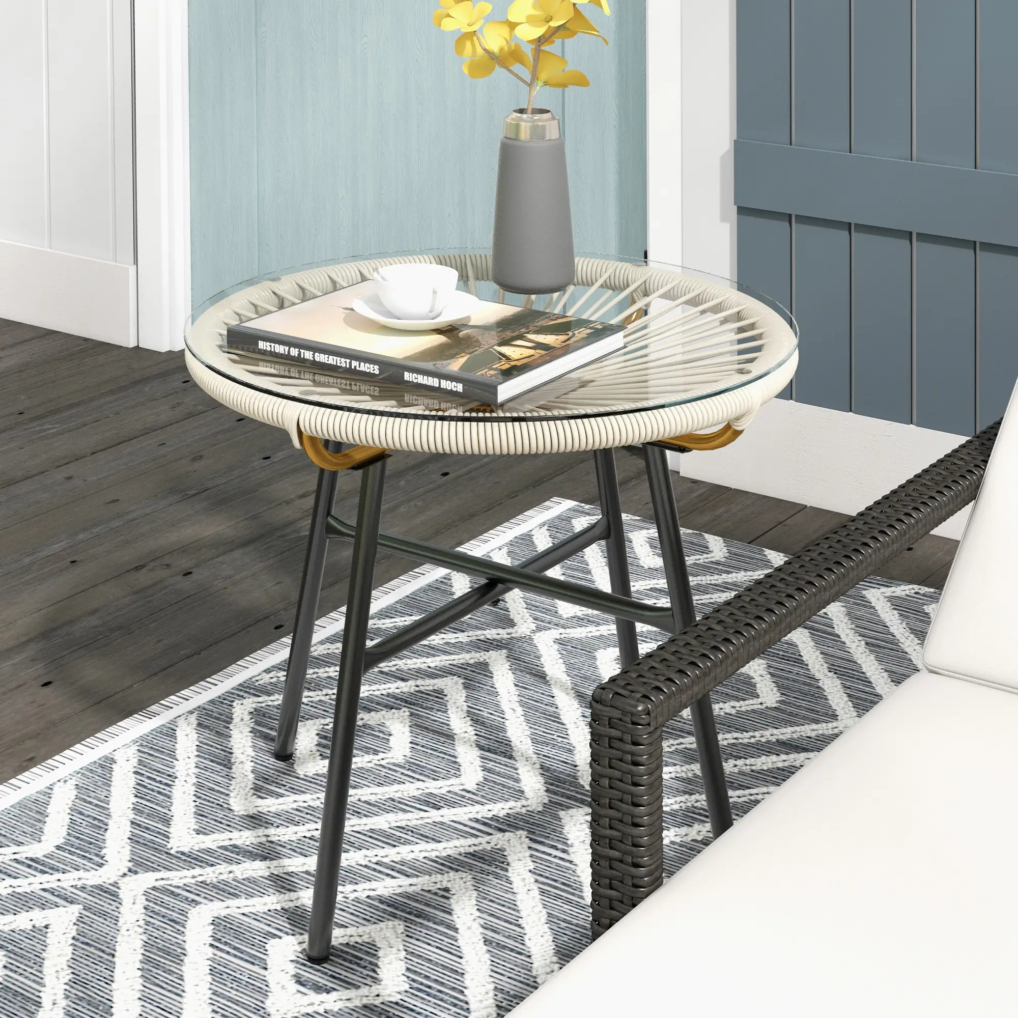 Round Rattan Side Table, With Tempered Glass Top, Cream White - Image 2