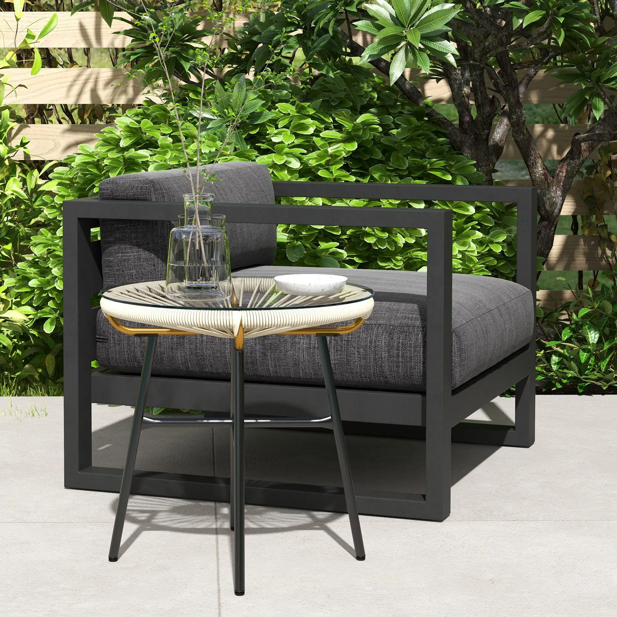 Round Rattan Side Table, With Tempered Glass Top, Cream White - Image 8