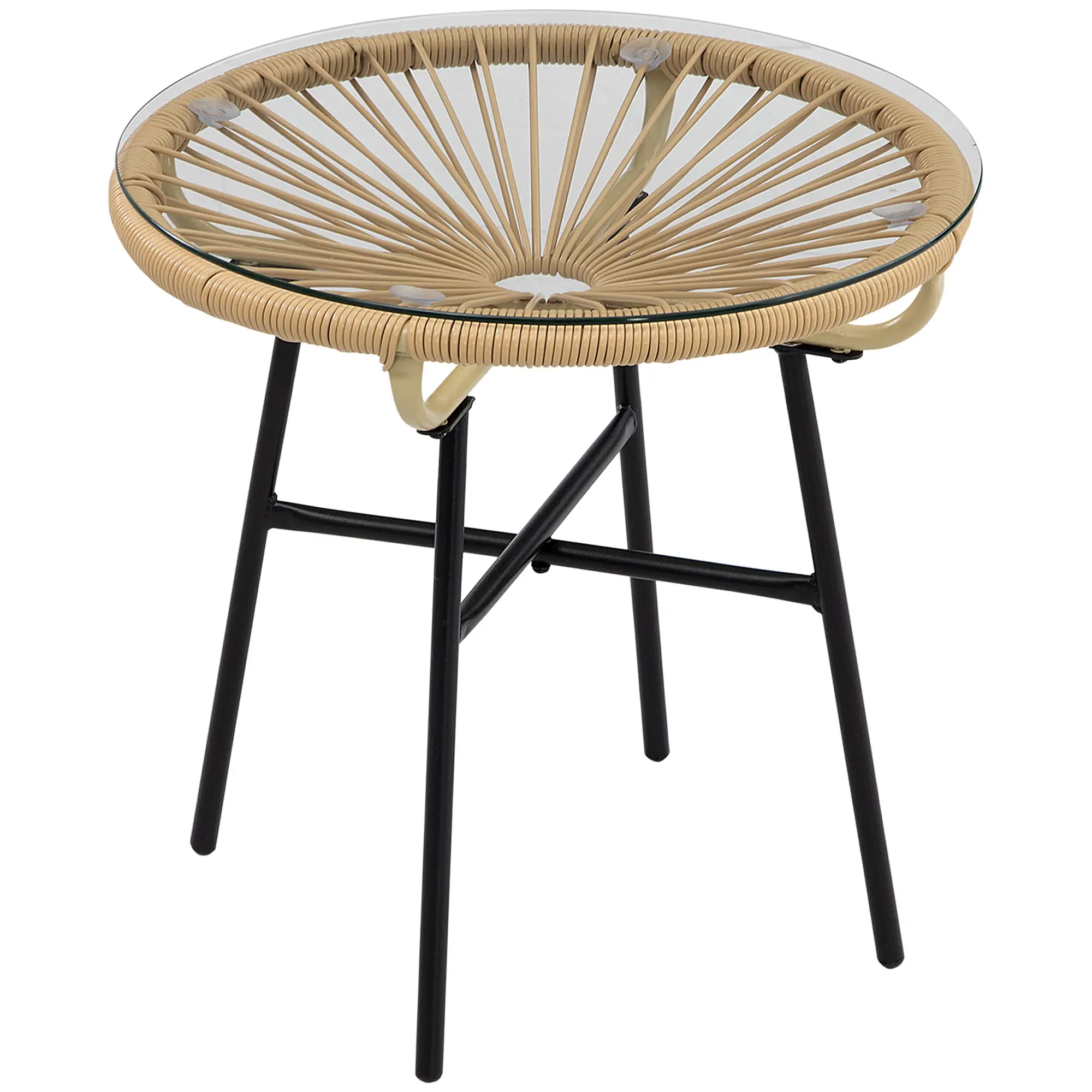 Round Rattan Side Table, Outdoor, PE Rattan, Tempered Glass Top, Beige - Image 11