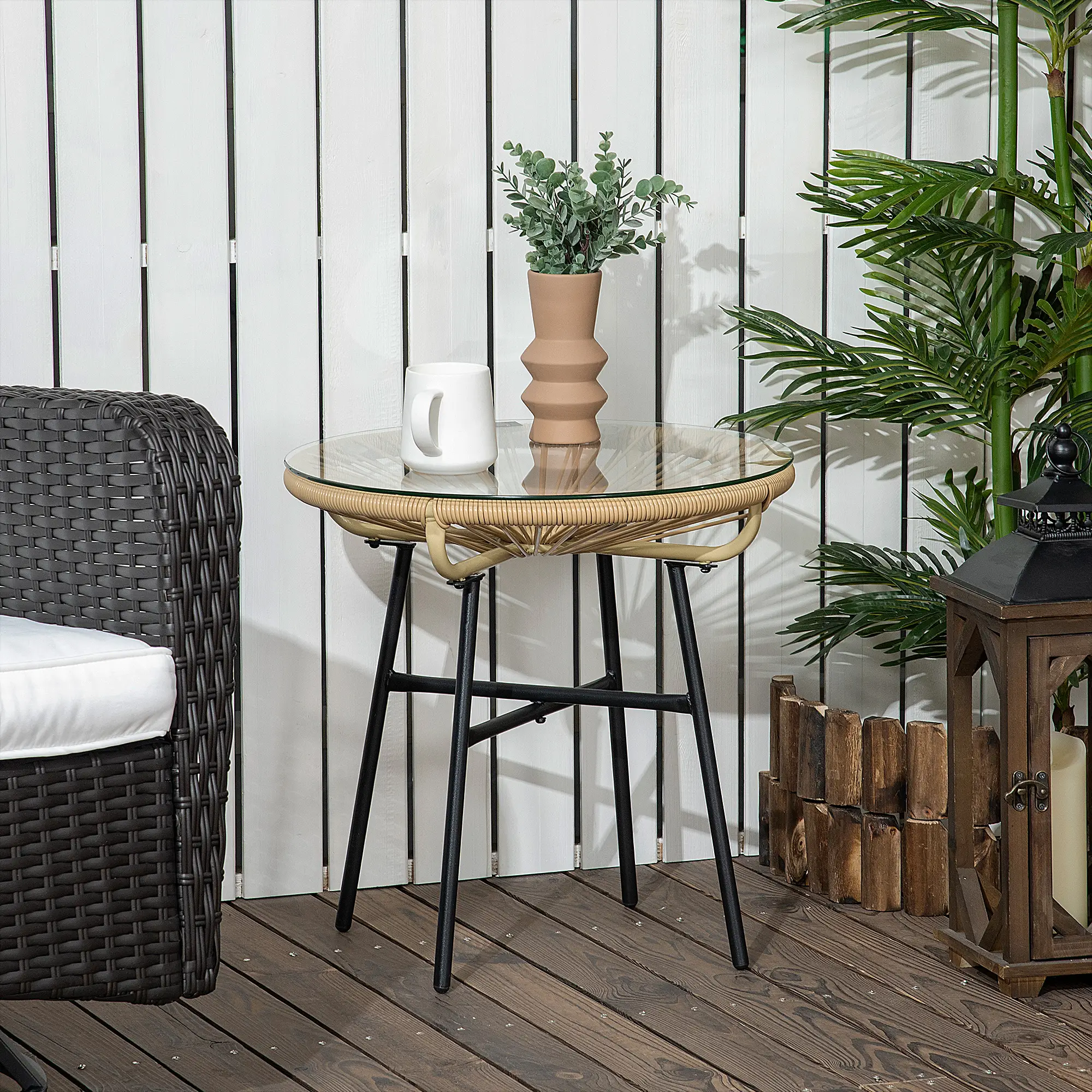 Round Rattan Side Table, Outdoor, PE Rattan, Tempered Glass Top, Beige - Image 2