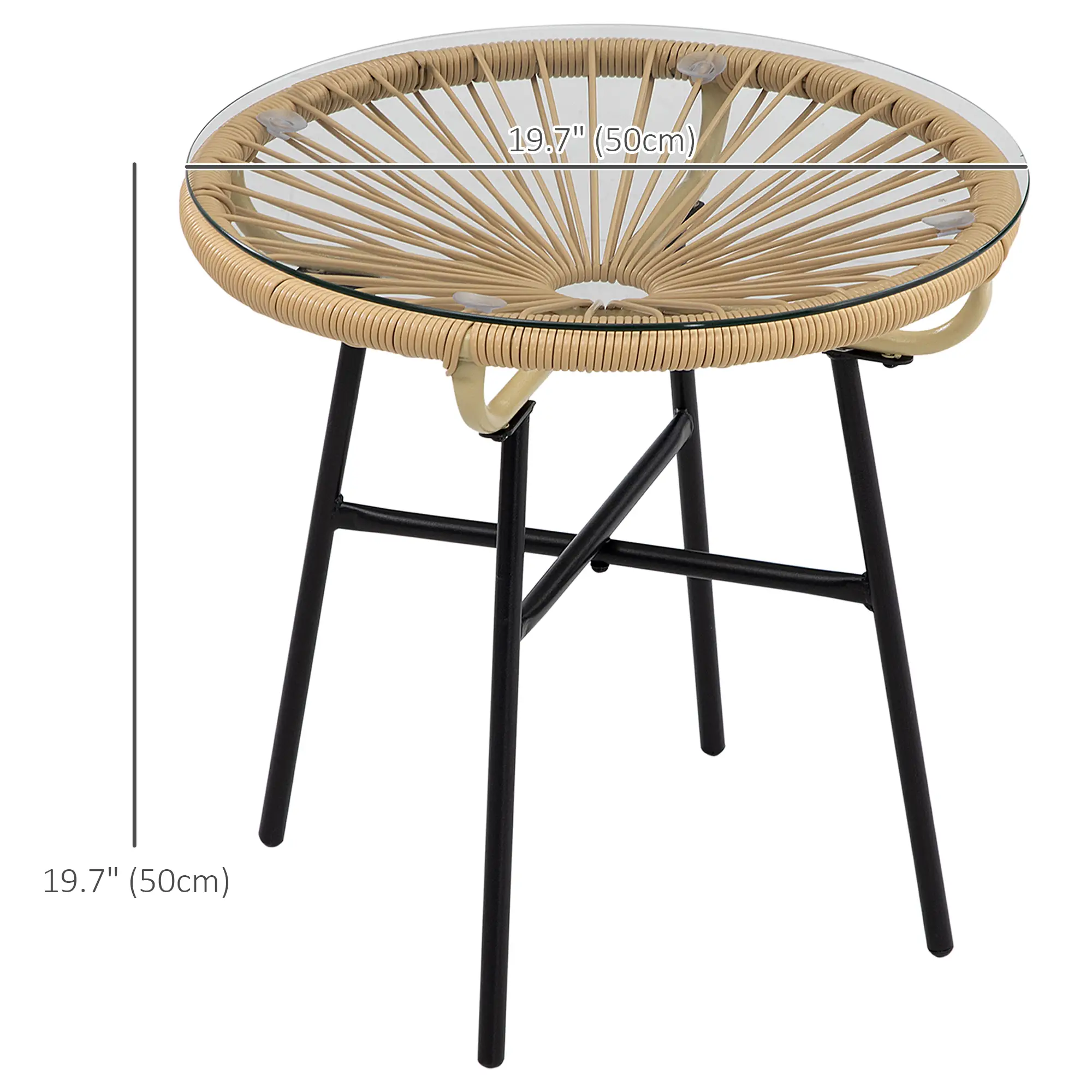 Round Rattan Side Table, Outdoor, PE Rattan, Tempered Glass Top, Beige - Image 3