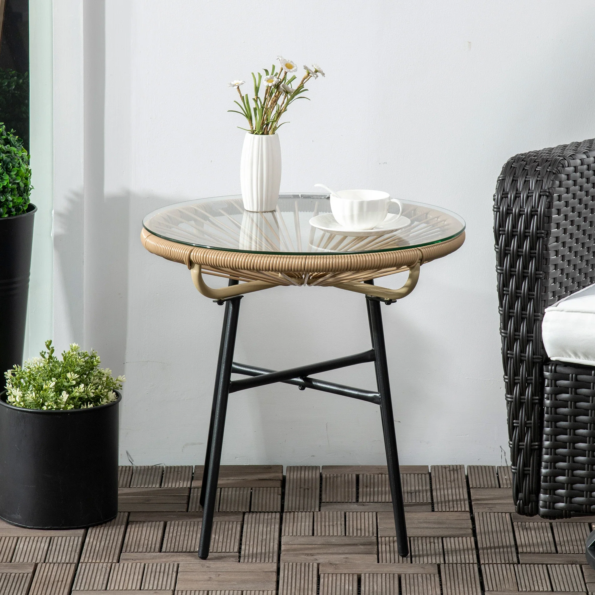 Round Rattan Side Table, Outdoor, PE Rattan, Tempered Glass Top, Beige - Image 7