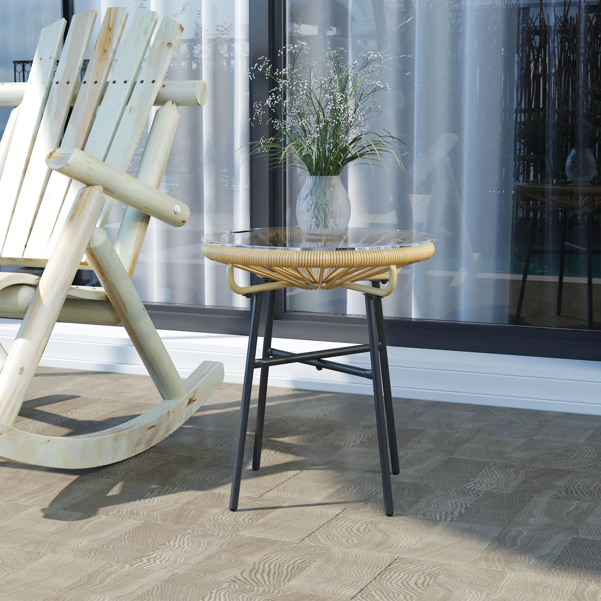 Round Rattan Side Table, Outdoor, PE Rattan, Tempered Glass Top, Beige - Image 8