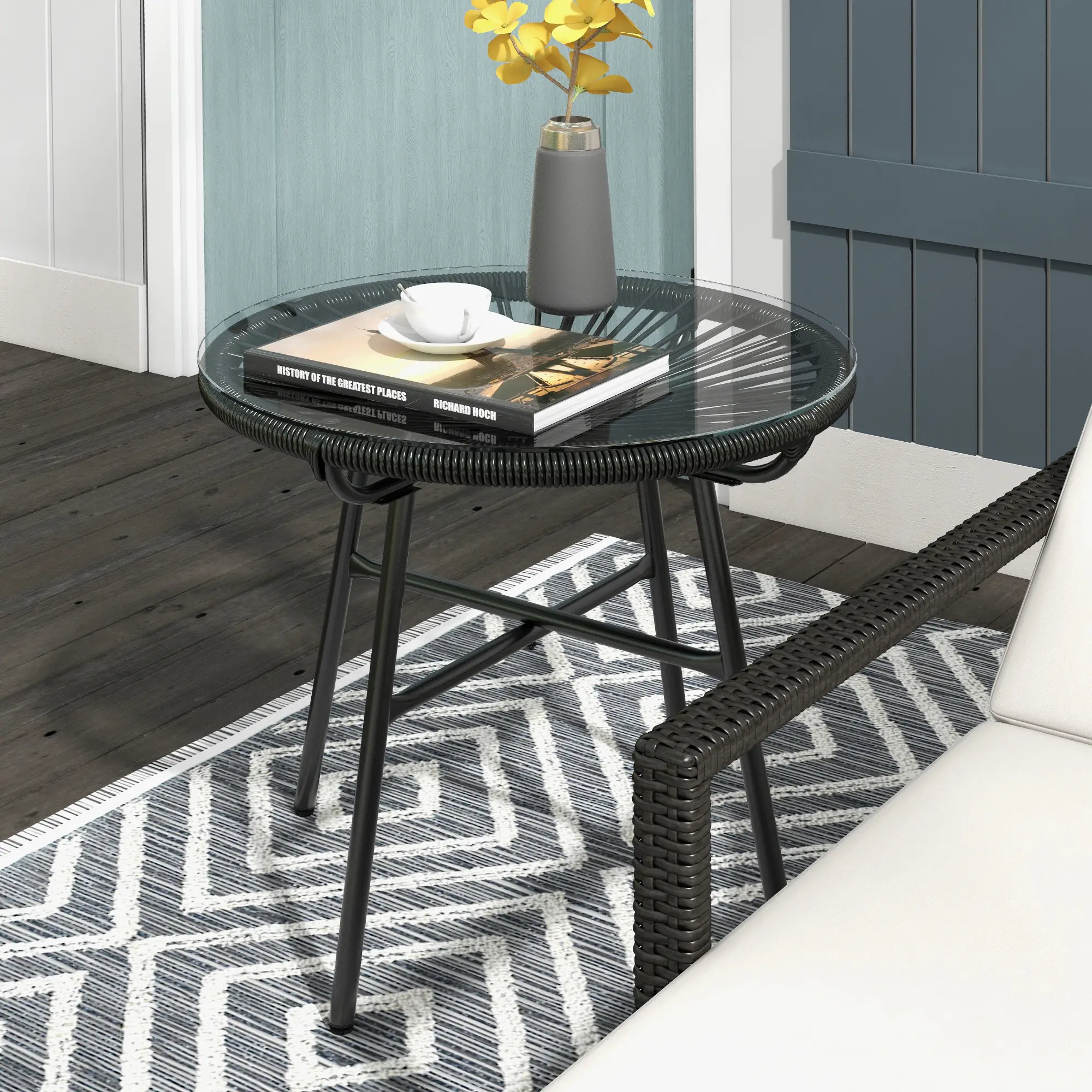 Round Rattan Side Table, Outdoor, PE Rattan, Tempered Glass Top, Black - Image 2