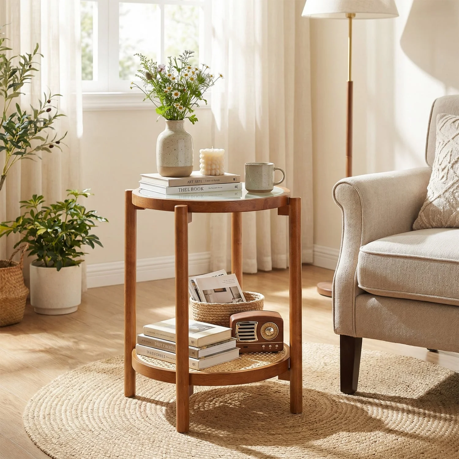Round Side Table 2-Tier Boho End Table, Walnut - Image 3