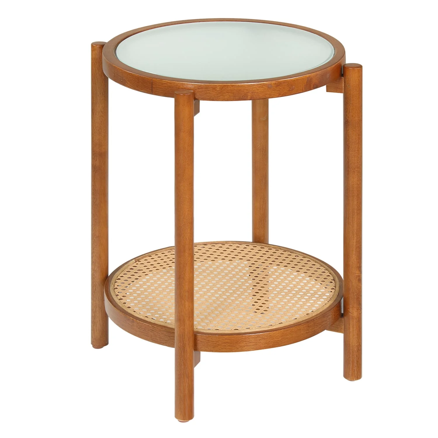 Round Side Table 2-Tier Boho End Table, Walnut - Image 4
