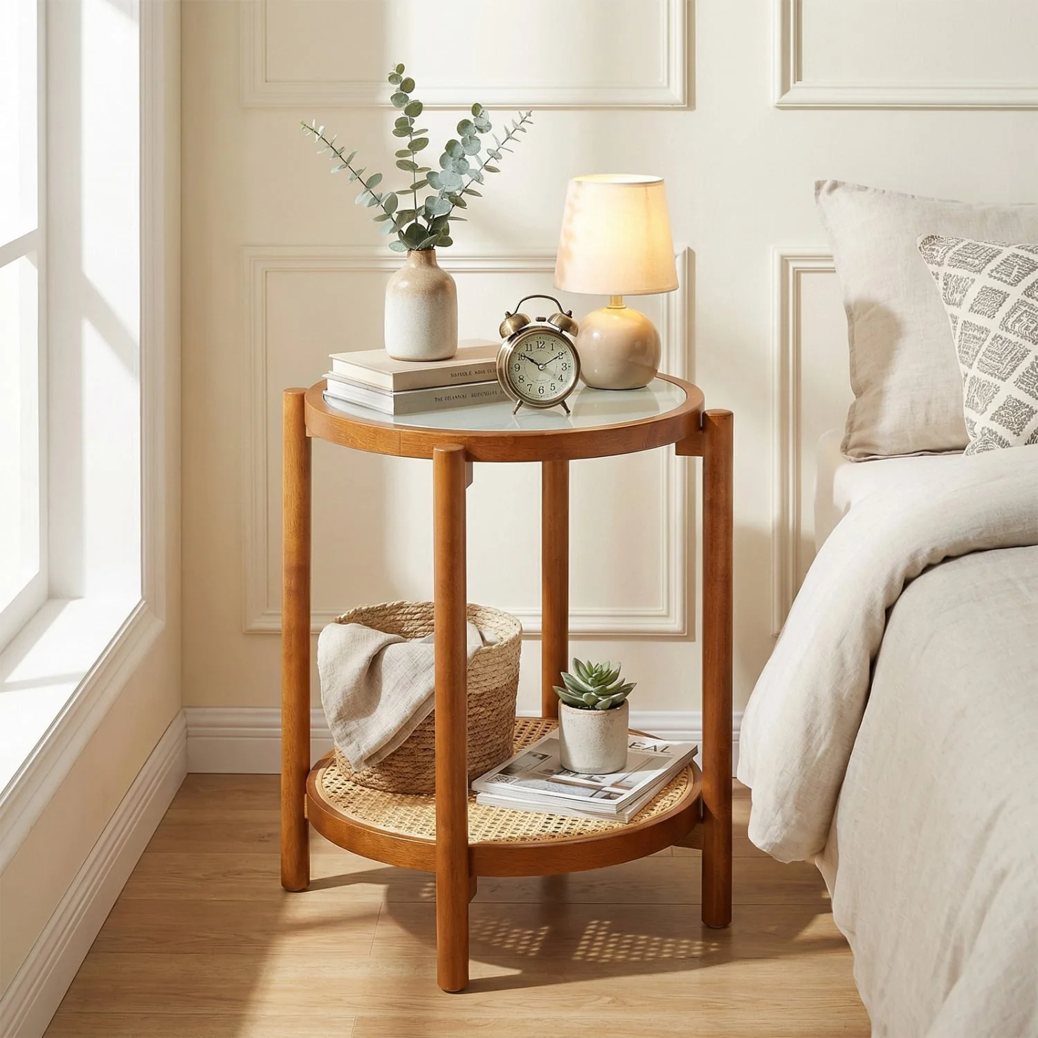 Round Side Table 2-Tier Boho End Table, Walnut - Image 7