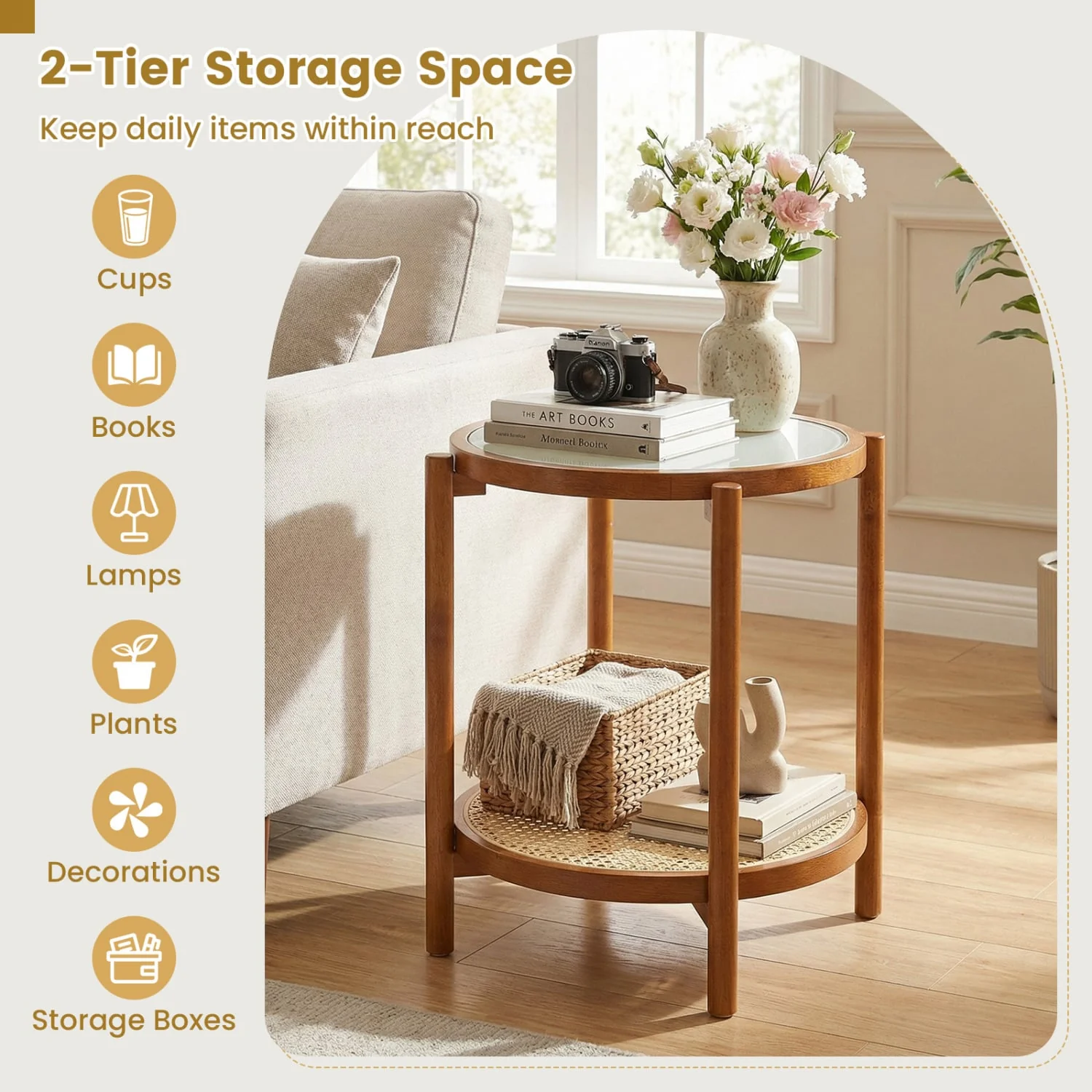 Round Side Table 2-Tier Boho End Table, Walnut - Image 8