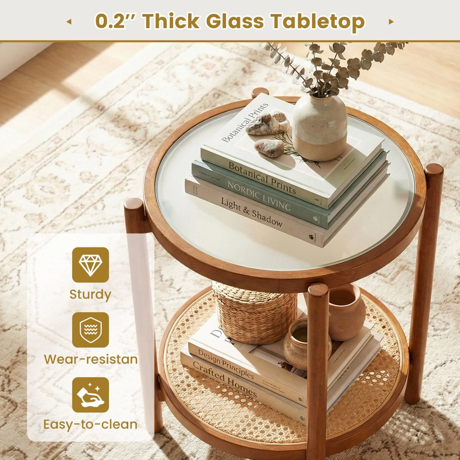 Round Side Table 2-Tier Boho End Table, Walnut - Image 9