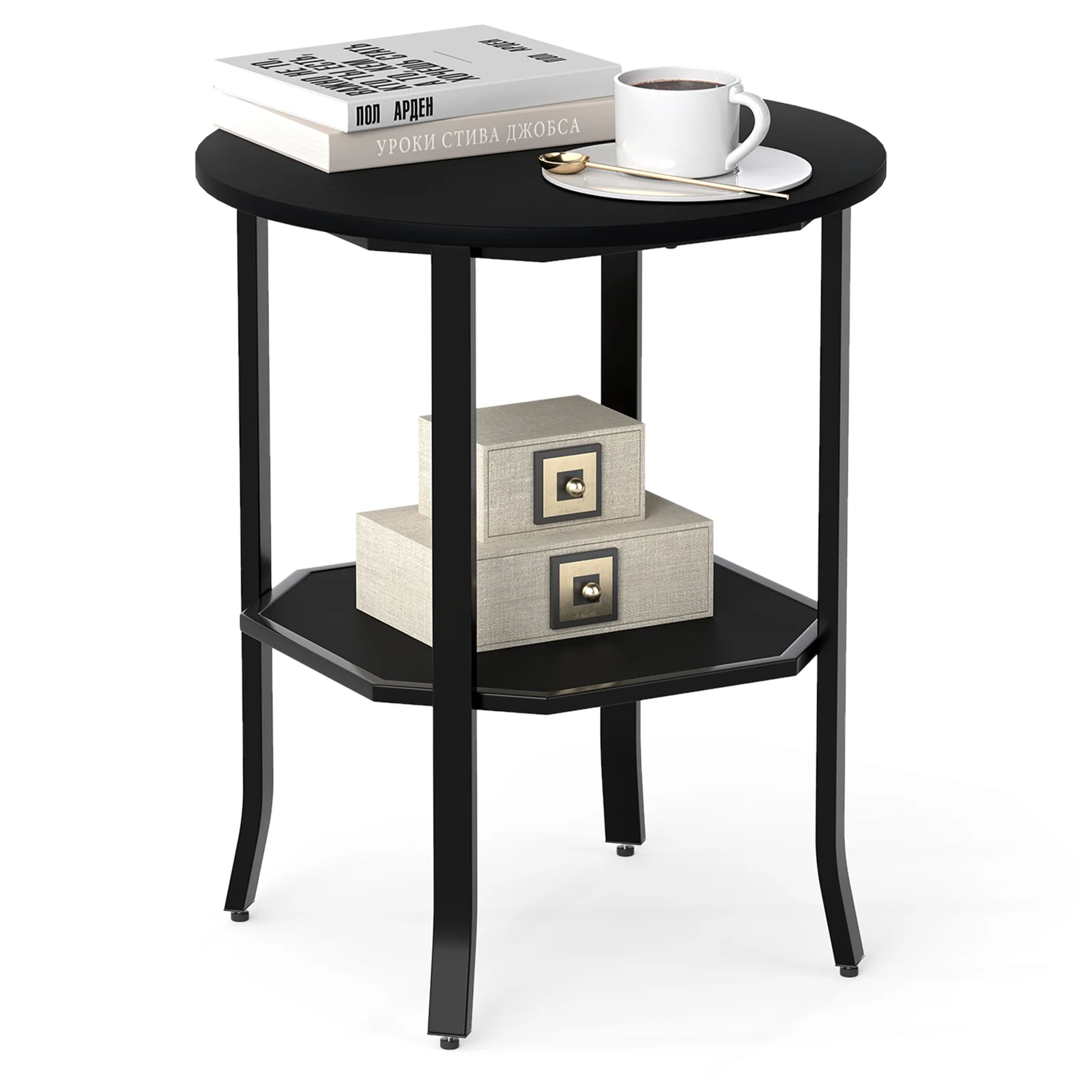 Round Side Table, 2-Tier Nightstand With Storage Shelf, Black