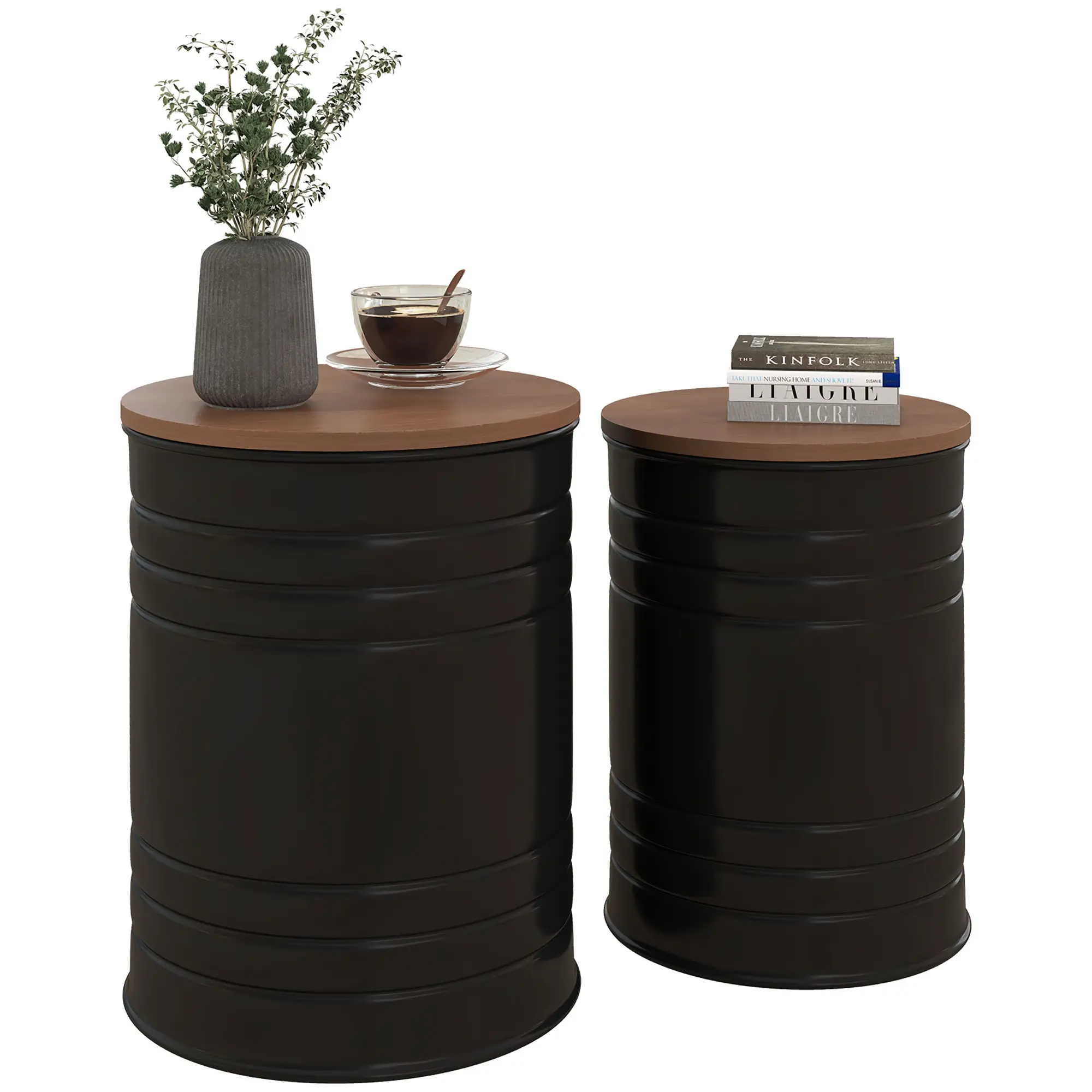 Round Side Table Set of 2, Nesting Coffee Tables, Wooden Lid, Metal Frame, Black - Image 11