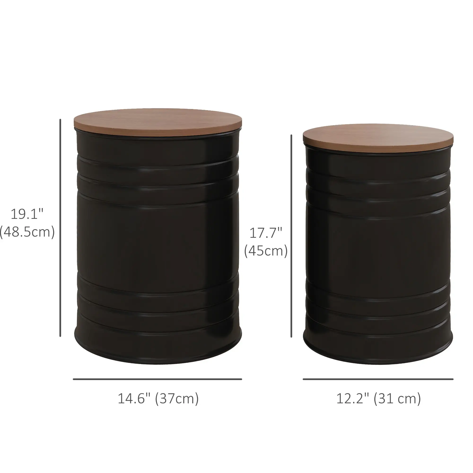 Round Side Table Set of 2, Nesting Coffee Tables, Wooden Lid, Metal Frame, Black - Image 3
