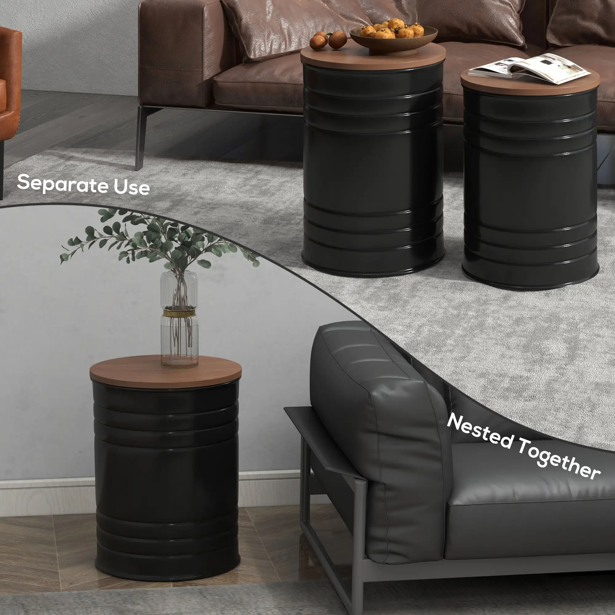 Round Side Table Set of 2, Nesting Coffee Tables, Wooden Lid, Metal Frame, Black - Image 4